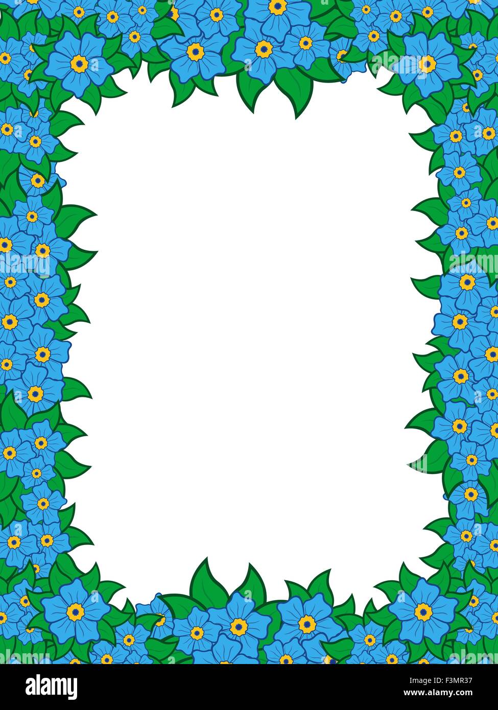 Frame with blue flowers around white background, hand drawing vector illustration Stock Vector