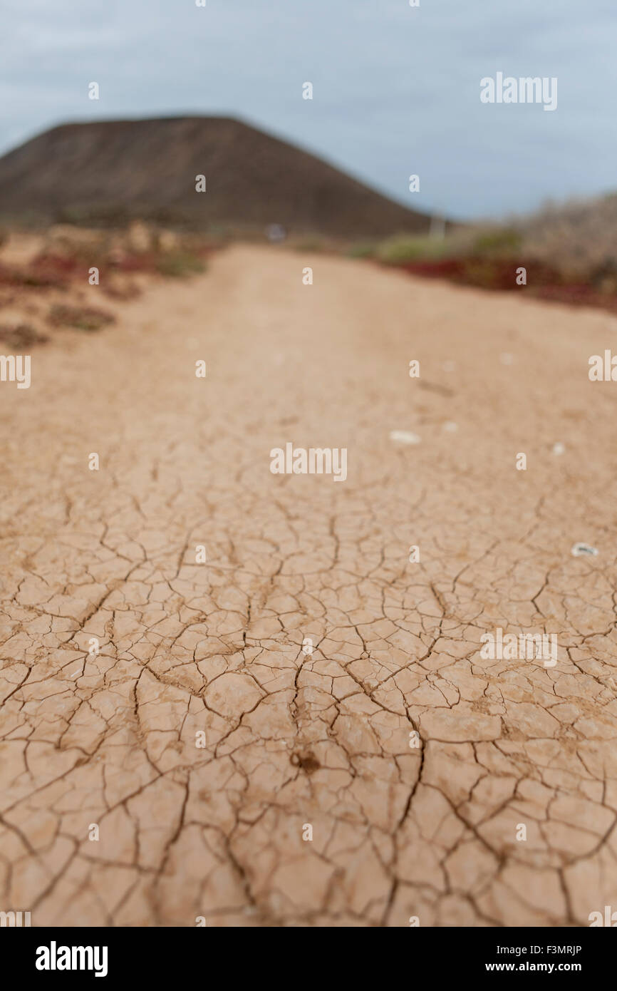 Dry cracked earth in Fuerteventura with volcanic cone in the background Stock Photo