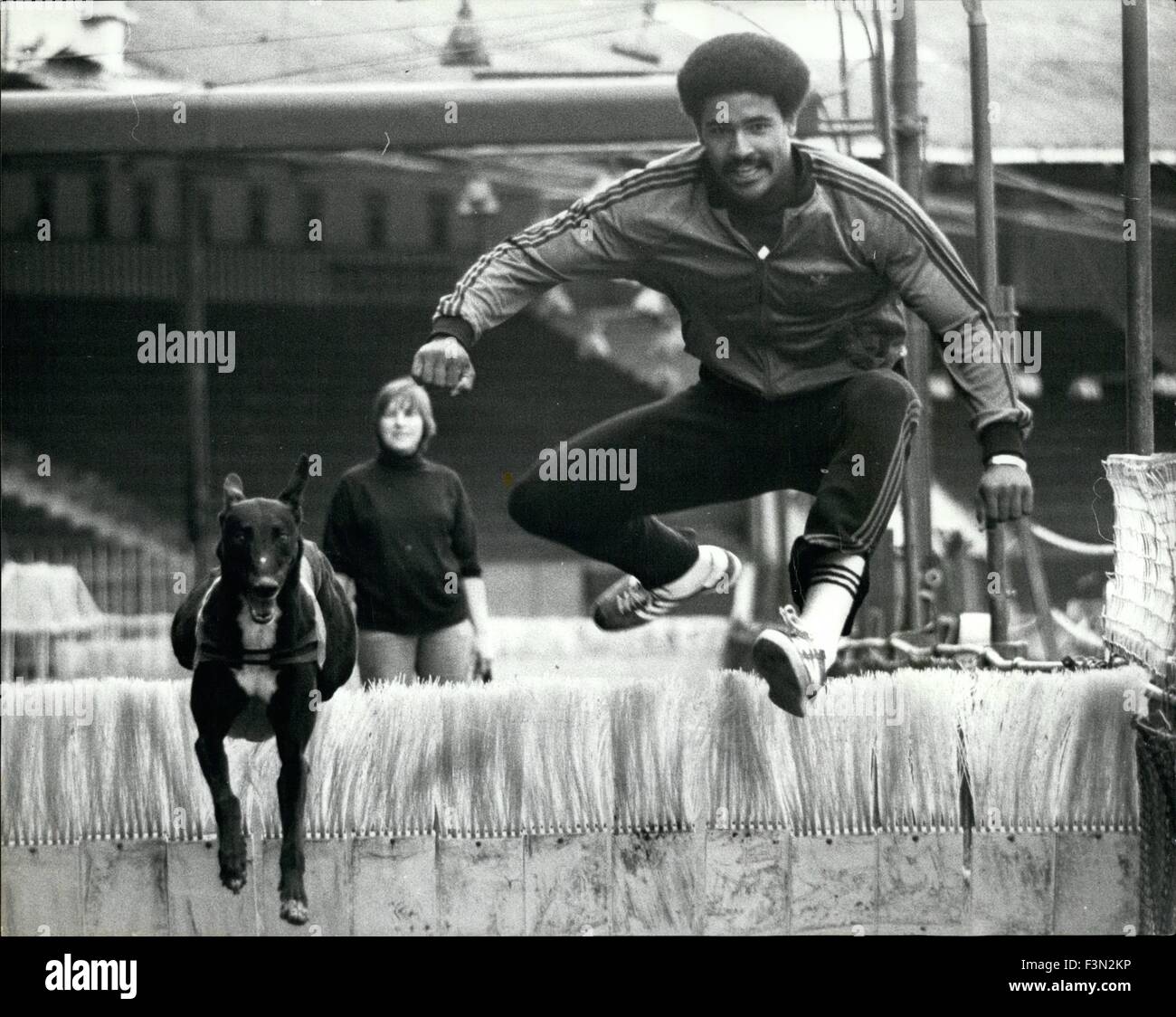 Daley Thompson after four titles. 10th Jan, 1968. Olympic decathlete Daley Thompson, goes for four titles at this weekend's GRE-UK National Athletics Championships which take place in Birmingham. He has entered the 100m sprint, high jump, and the pole vault-as a testing work-out for his build up for the Moscow Olympics next year. Photo shows Daley Thompson seen working out with a greyhound called Sooty at Wimbledon Stadium to tune him up for the Guardian Royal Exchange Games at Birmingham's Alexander Stadium over the weekend. © Keystone Pictures USA/ZUMAPRESS.com/Alamy Live News Stock Photo