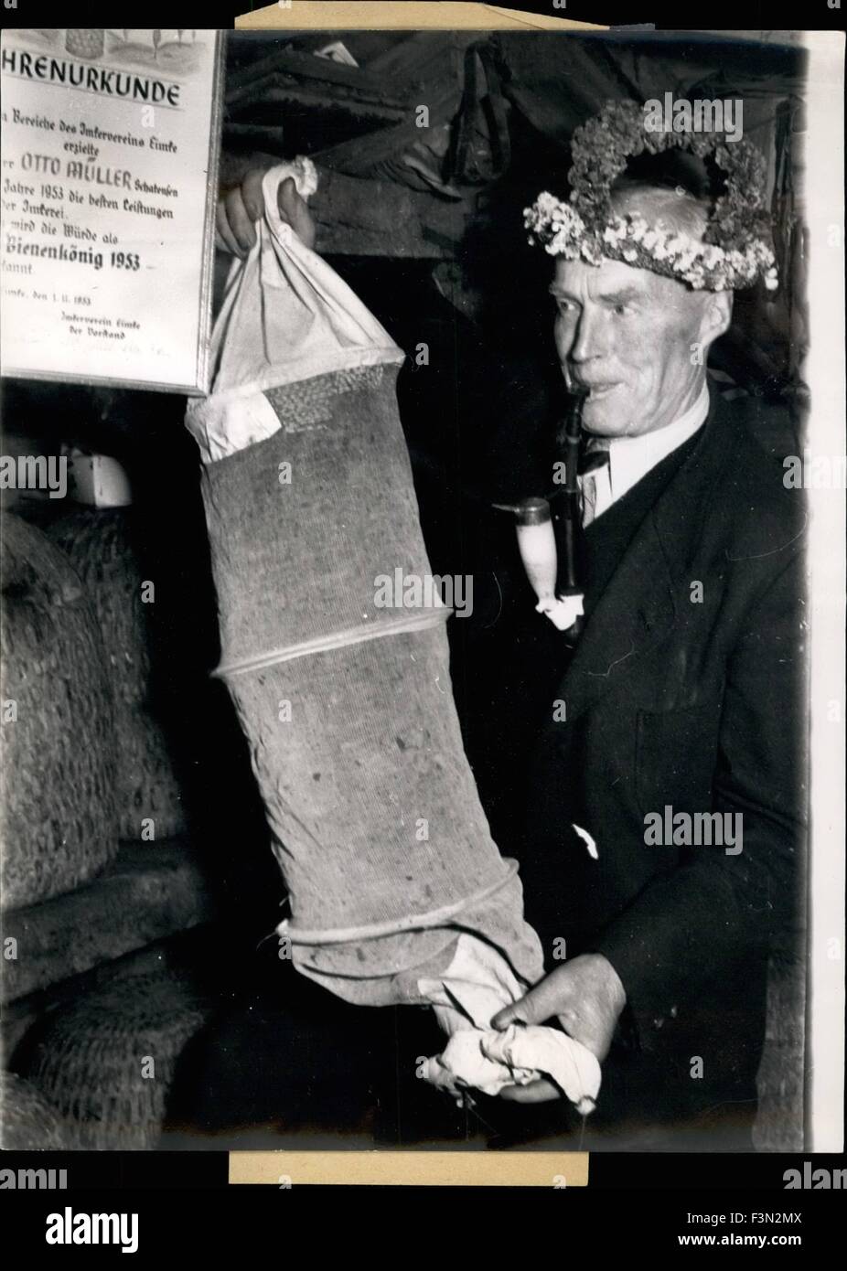 Jan. 04, 1953 - King with swarm net and pipe: A crown of flowers, swarm net and pipe are the insignias of ring Otto I. of Schatensen and Eimke. His civil name is Otto Muller and he is the only 'bee-king' in Germany. The election of the bee-king is a many countries old custom which was known in former times every-where in the Lueneburger heath and nearly in all parts of Germany. Only this one will be king who has the best and richest harvest of honey of the year and who has the best bees. (Credit Image: © Keystone Press Agency/Keystone USA via ZUMAPRESS.com) Stock Photo