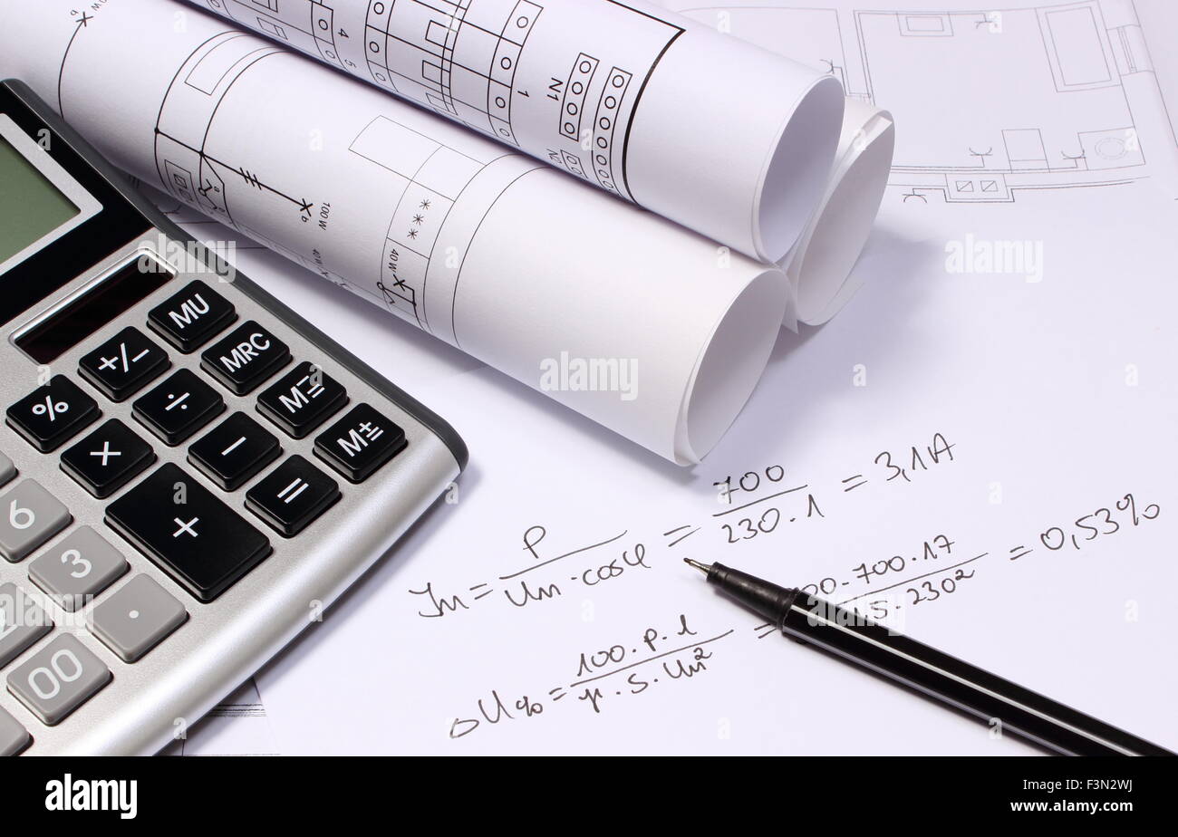 Rolls of electrical diagrams, calculator and mathematical calculations ...