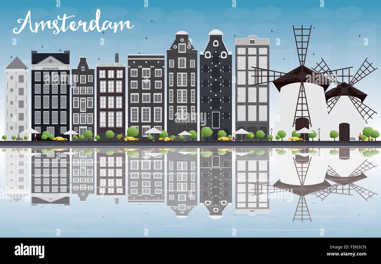 Amsterdam city skyline with grey buildings, blue sky and reflection. Vector illustration. Business travel and tourism concept Stock Vector