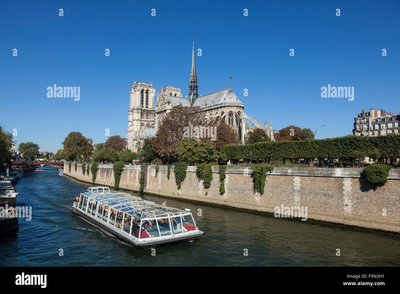 Basilica Notre Dame,  Ile de la Cite, Paris ,with Bateau Mouche sighteseeing launch .  France Stock Photo