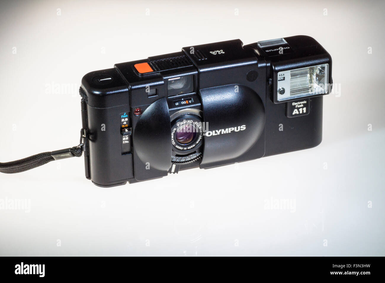 An Olympus XA 35mm film Rangefinder camera with A11 detachable