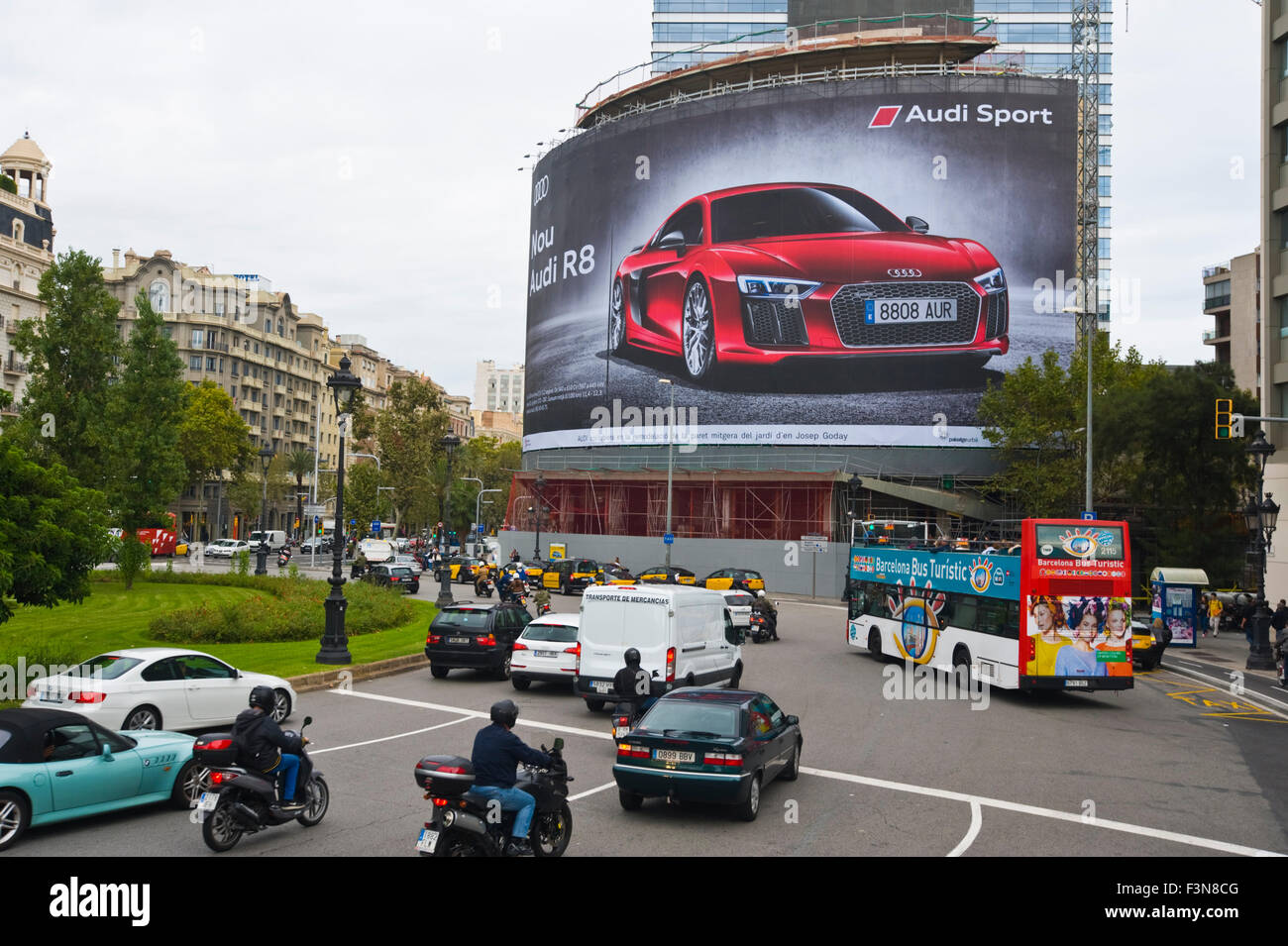 Giant billboard on front of building advertising Audi R8 motorcar in Barcelona Catalonia Spain ES Stock Photo