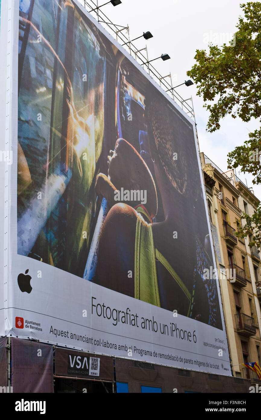 Giant billboard on front of building advertising iPhone 6 in Barcelona Catalonia Spain ES Stock Photo