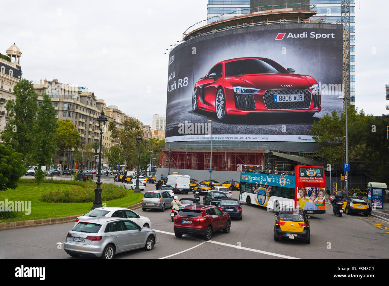 Giant billboard on front of building advertising Audi R8 motorcar in Barcelona Catalonia Spain ES Stock Photo