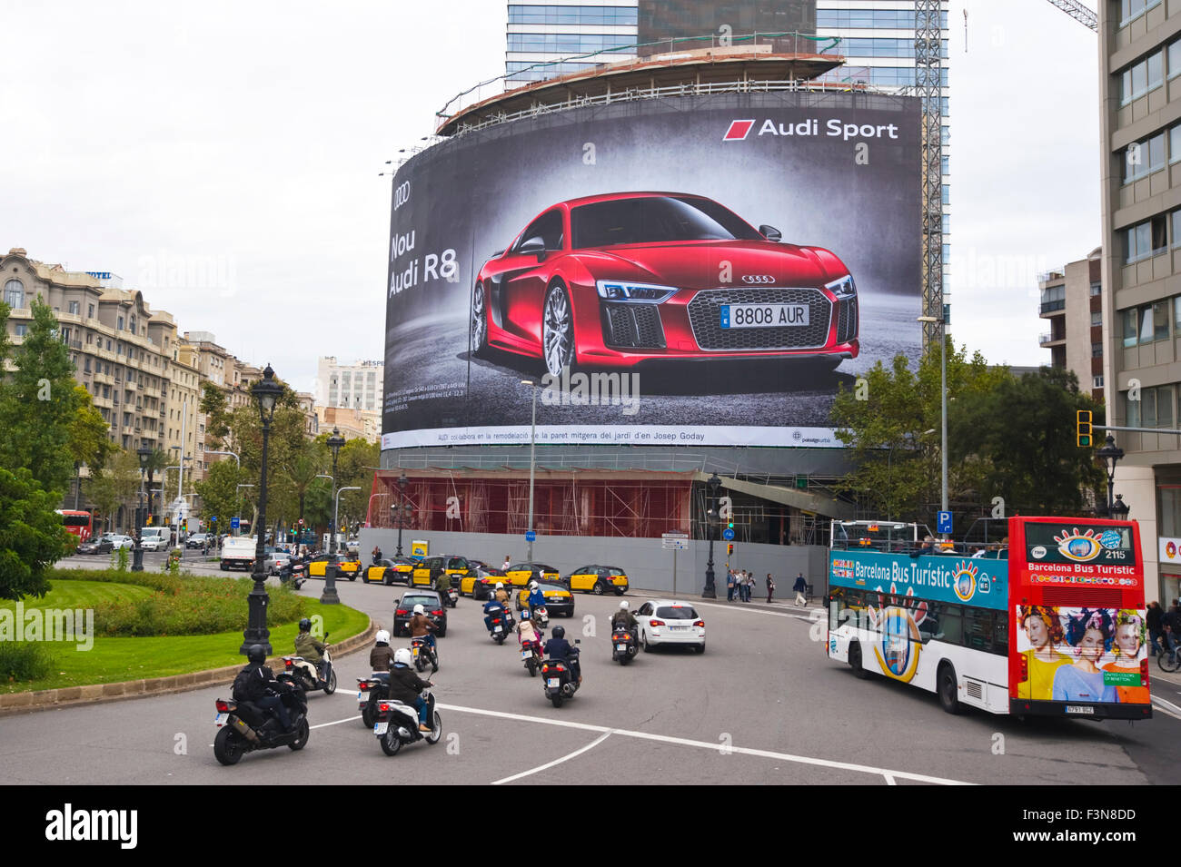 Giant billboard on front of building advertising Audi R8 motorcar in Barcelona Catalonia Spain ES Stock Photo