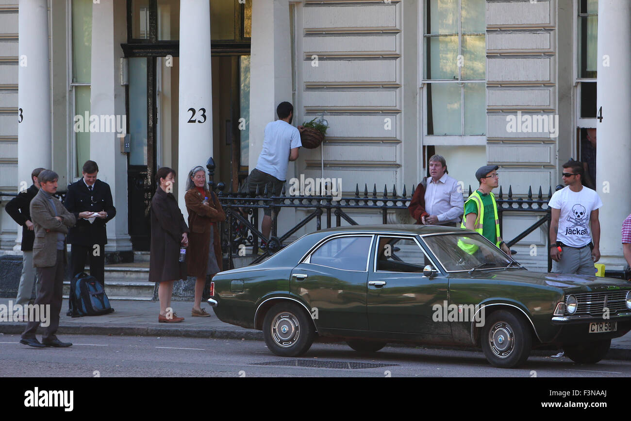 Filming scenes for the new movie '6 Days', recounting the Iranian Embassy siege in London in 1980.  Featuring: Atmosphere Where: London, United Kingdom When: 09 Aug 2015 Stock Photo