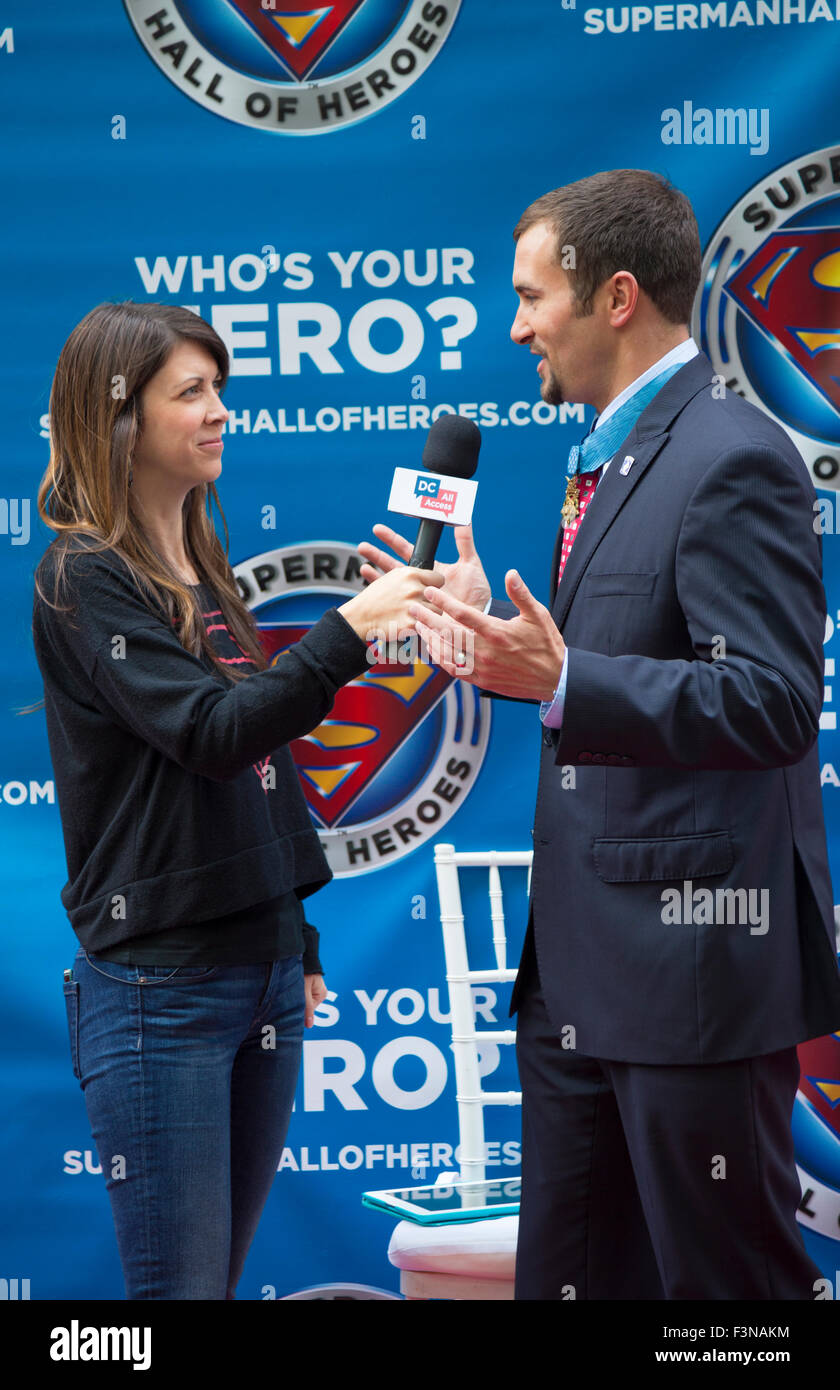 Salvatore Giunta, a former staff sergeant in the US Army being interviewed at the 2014 Superman Hall Of Heroes Induction. Stock Photo