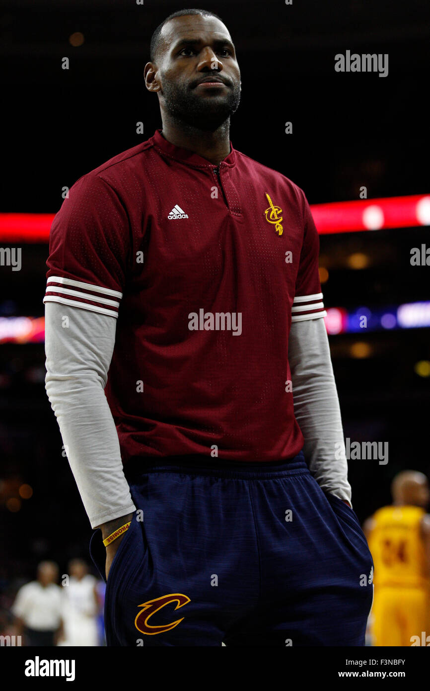 October 8, 2015: Cleveland Cavaliers forward LeBron James (23) looks on during the NBA game between the Cleveland Cavaliers and the Philadelphia 76ers at the Wells Fargo Center in Philadelphia, Pennsylvania. The Philadelphia 76ers won 115-114. Christopher Szagola/CSM Stock Photo