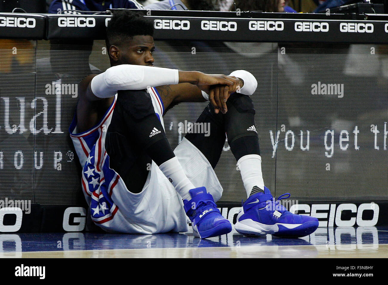 October 8, 2015: Philadelphia 76ers center Nerlens Noel (4) looks on by the scorers table during the NBA game between the Cleveland Cavaliers and the Philadelphia 76ers at the Wells Fargo Center in Philadelphia, Pennsylvania. The Philadelphia 76ers won 115-114. Christopher Szagola/CSM Stock Photo