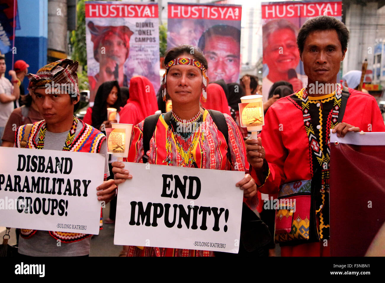 In remembering the 40th day of Lianga, Surigao Del Sur Massacre of Lumads various groups lead by KATRIBU, march to Mendiola wearing red and black veils and carrying torches and candles, calling for justice and to end the cultural impunity under the so-called 'righteous path' and counter -insurgency Oplan Bayanihan of the Pres. Aquino regime. The United Nation's Rapporteur on Internally Displaced Persons, Dr. Chaloka Beyani visited the displaced lumad peoples in Haran Center in Davao City where he expressed concerned over militarization of lumads communities that resulted to human right viola Stock Photo