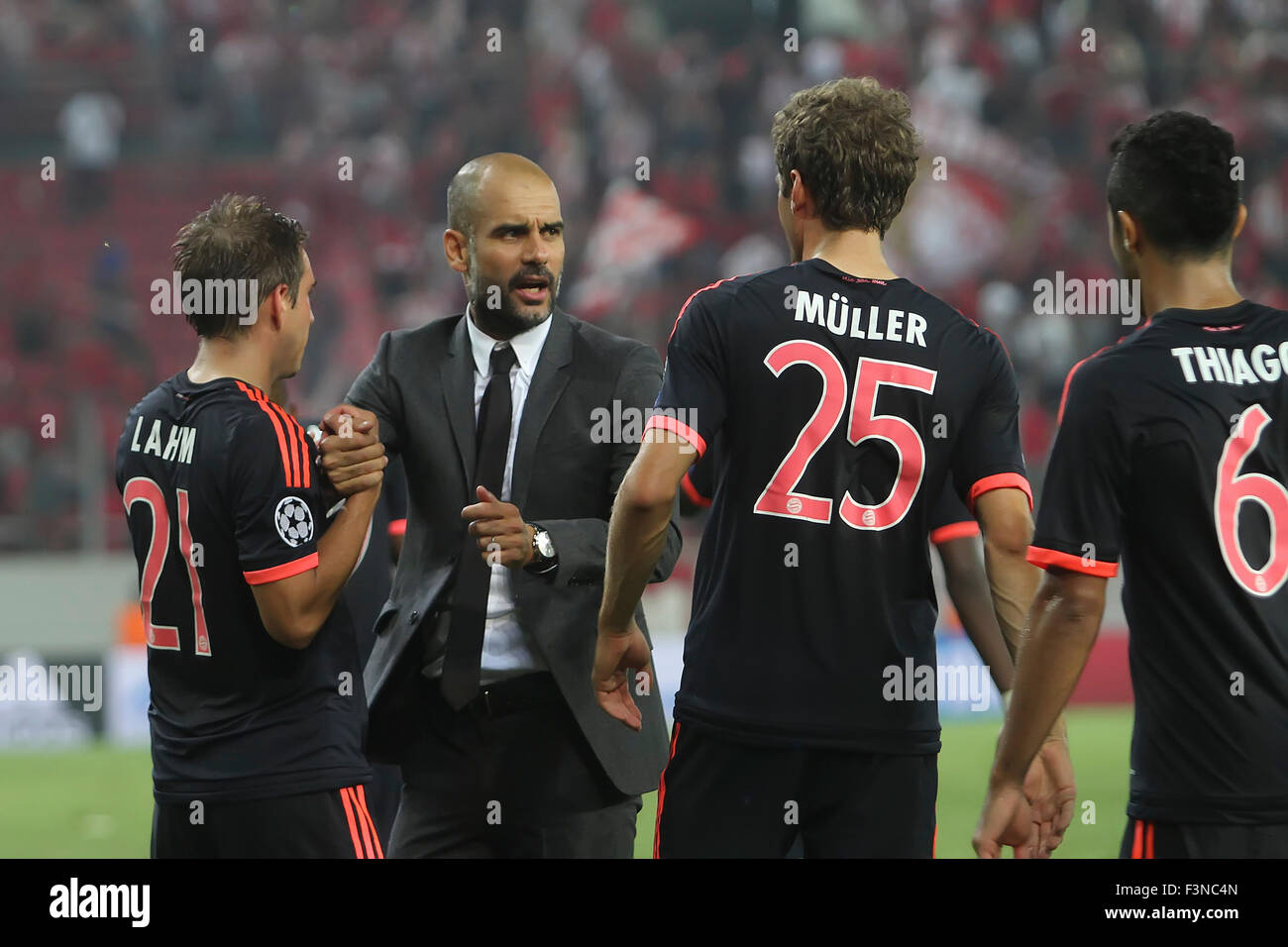 Athens, Greece- September 16, 2015: Coach Josep Guardiola celebrates with  the players of Bayern Munchen during the UEFA Champion Stock Photo - Alamy