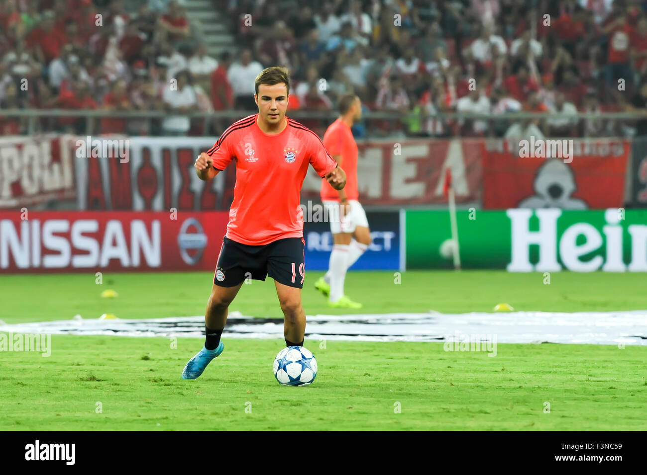 Athens, Greece- September 16, 2015: Mario Gotze before the beginning of the UEFA Champions League game between Olympiacos and Ba Stock Photo