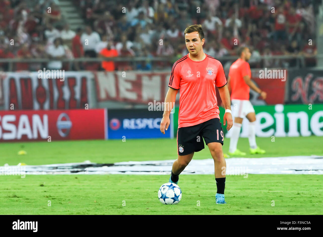 Athens, Greece- September 16, 2015: Mario Gotze before the beginning of the UEFA Champions League game between Olympiacos and Ba Stock Photo