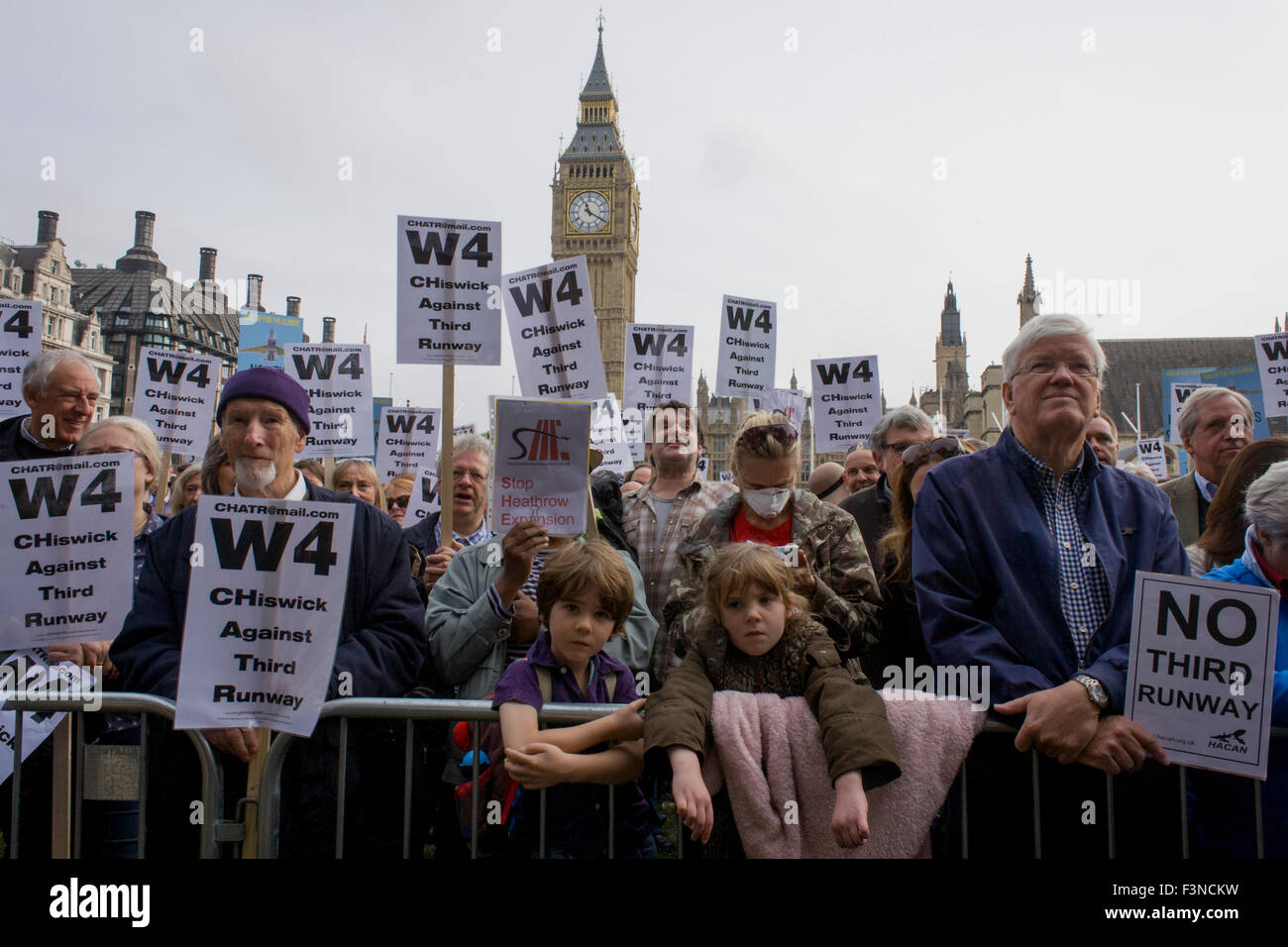 London 10th October 2015: The white middle-classes gathered in Parliament Square to protest against plans for a third runway at Heathrow airport - blighting, they say, thousands of homes in London's aviation hub's flight paths - especiially to the west of the capital. Central to the demonstration were both London mayoral candidates: the Conservative Zac Goldsmith and Labour's Saqique Khan. Richard Baker / Alamy Live News. Stock Photo