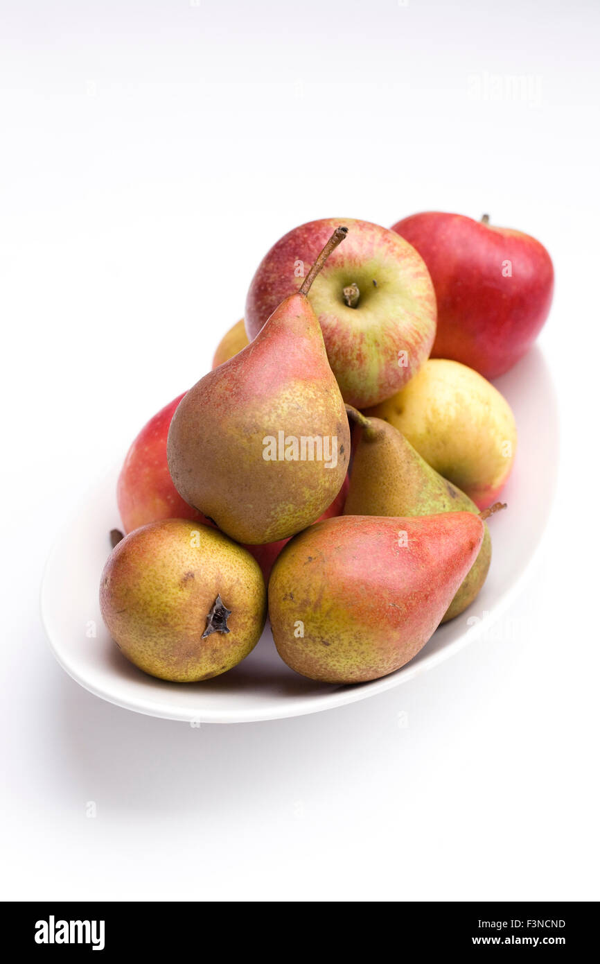Apples  and Pears in a white bowl. Stock Photo