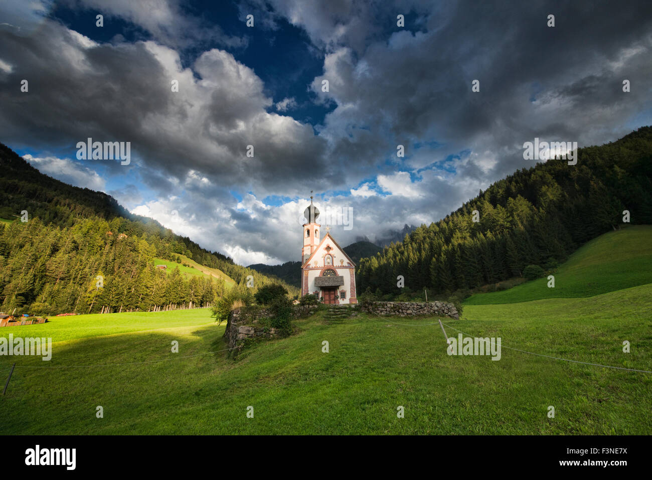 The Church of St. Johann in Ranui, Val di Funes, Dolomites, South Tirol, Italy Stock Photo