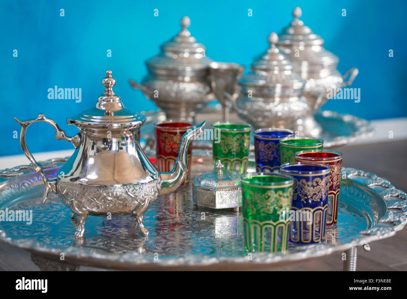 Moroccan tea set with tea pot, glasses and other equipment Stock Photo