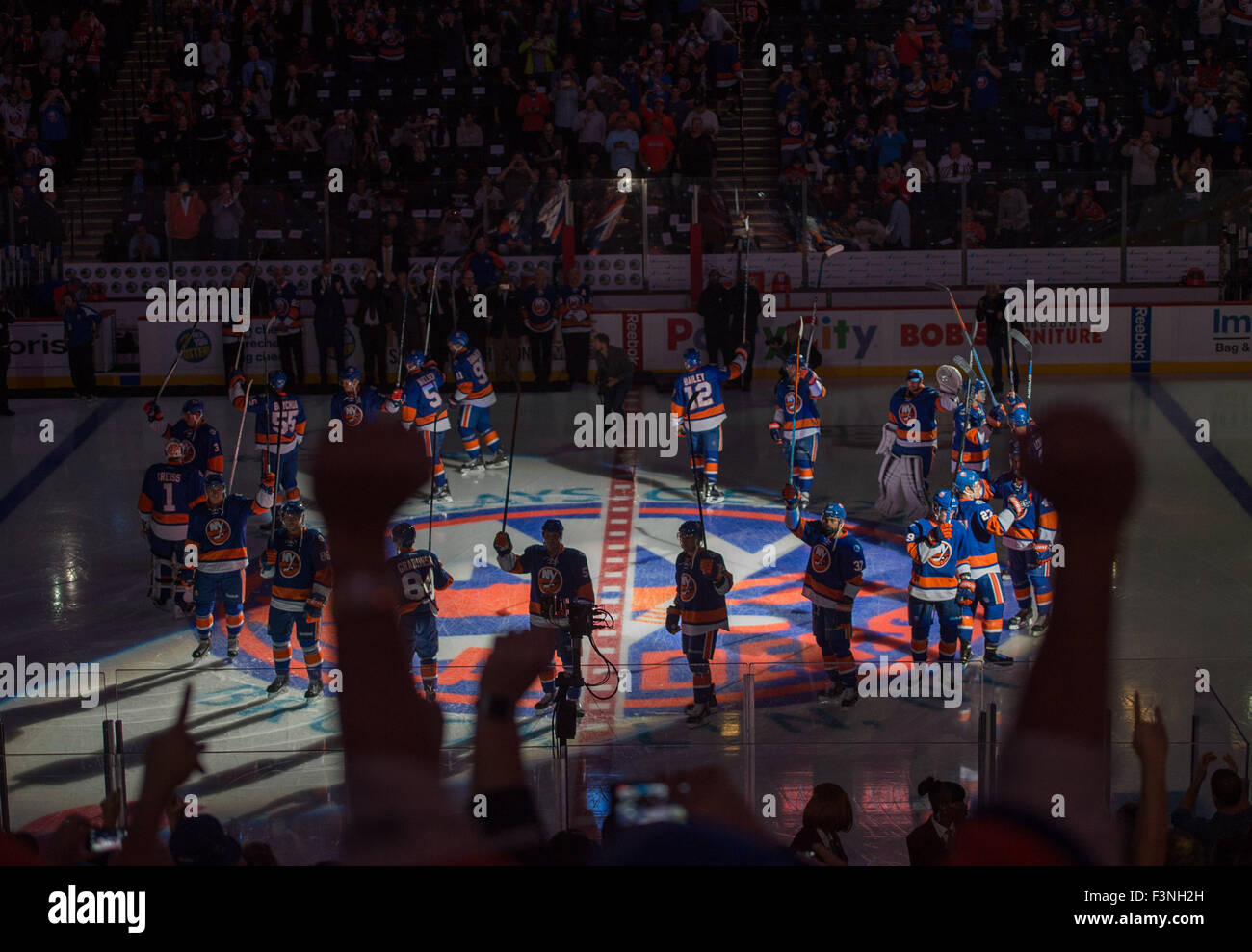 New York, NY, USA. 9th Oct, 2015. New York Islanders take the ice for the inaugural regular season NHL hockey game at Barclays Center in New York, Friday, Oct. 9, 2015. © Bryan Smith/ZUMA Wire/Alamy Live News Stock Photo