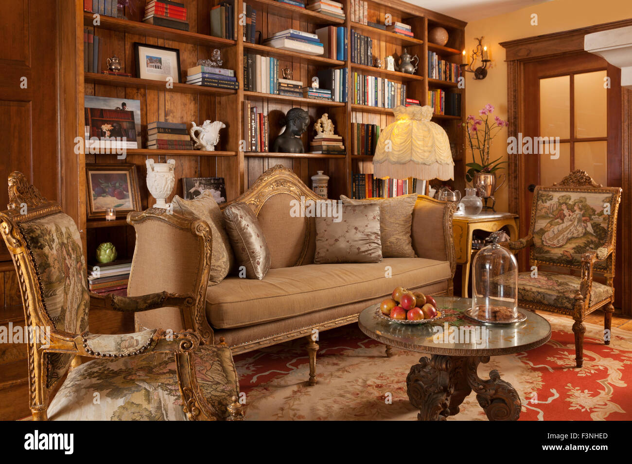 Home Interior design Living Room with Library and Bookshelves Stock Photo