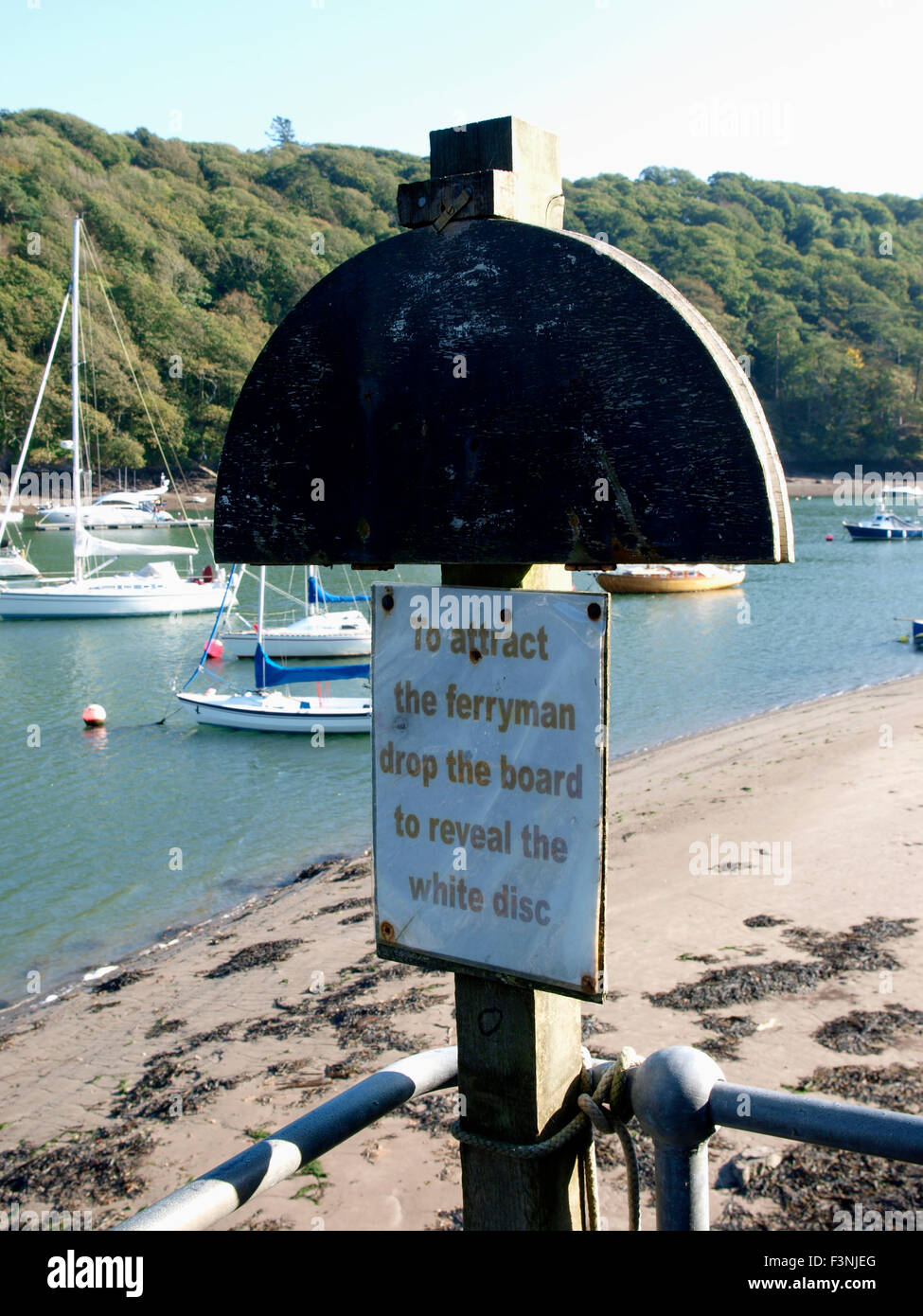 Non technical method to call ferry, Wembury Point, River Yealm, Devon, UK Stock Photo