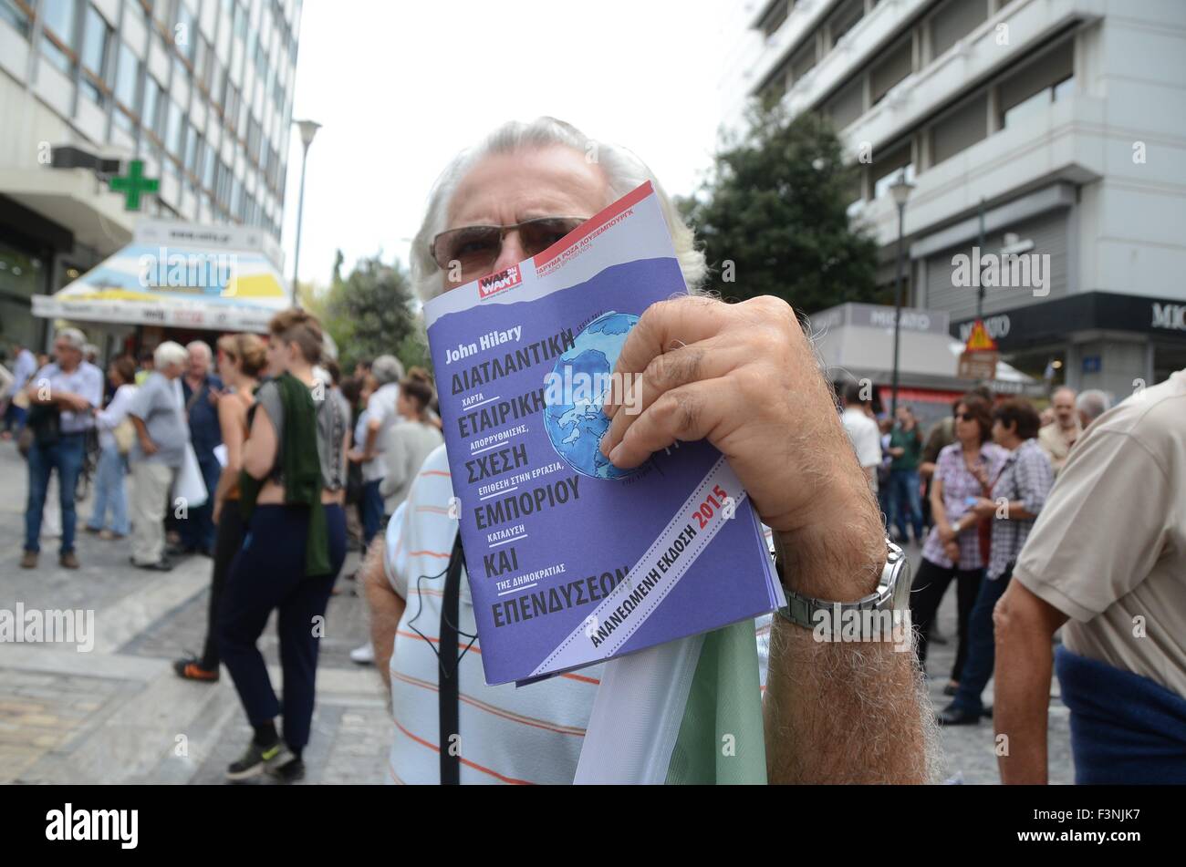 Athens, Greece. 10th Oct, 2015. Protester joins the demonstration against the TTIP (Transatlantic Trade and Investment Partnership) and CETA (Comprehensive Economic and Trade Agreement) free trade agreements between USA, Canada and the European Union. Credit:  George Panagakis/Pacific Press/Alamy Live News Stock Photo