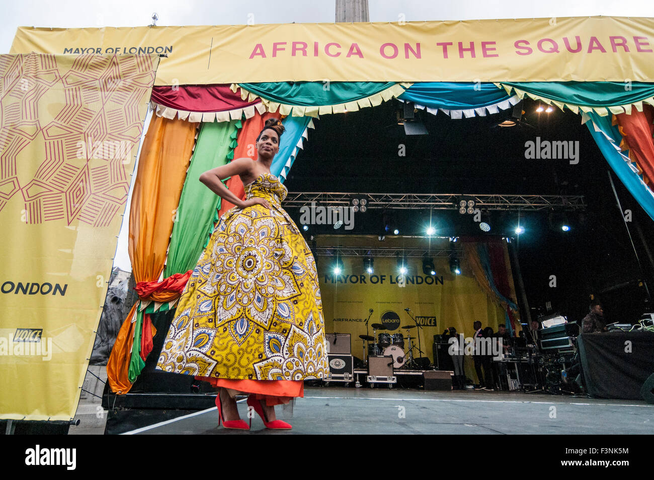 London, UK.  10 October 2015.  A model wears a look by the up and coming designer Unique Sibanda during 'Africa on the Square', a festival of African culture.  The event is organised by the Mayor of London for Black History Month 2015. Credit:  Stephen Chung / Alamy Live News Stock Photo