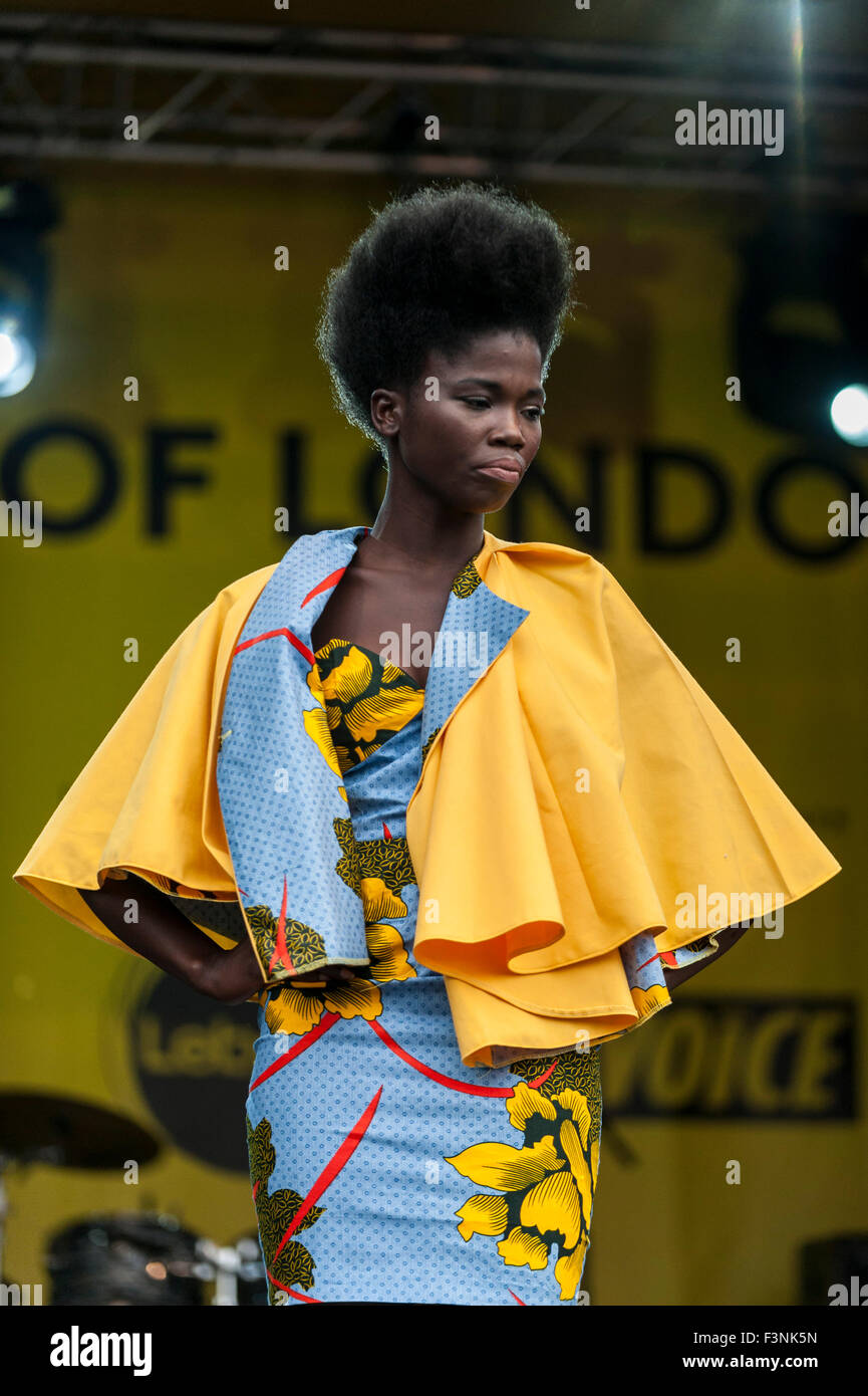 London, UK.  10 October 2015.  A model wears a look by the up and coming designer Unique Sibanda during 'Africa on the Square', a festival of African culture.  The event is organised by the Mayor of London for Black History Month 2015. Credit:  Stephen Chung / Alamy Live News Stock Photo