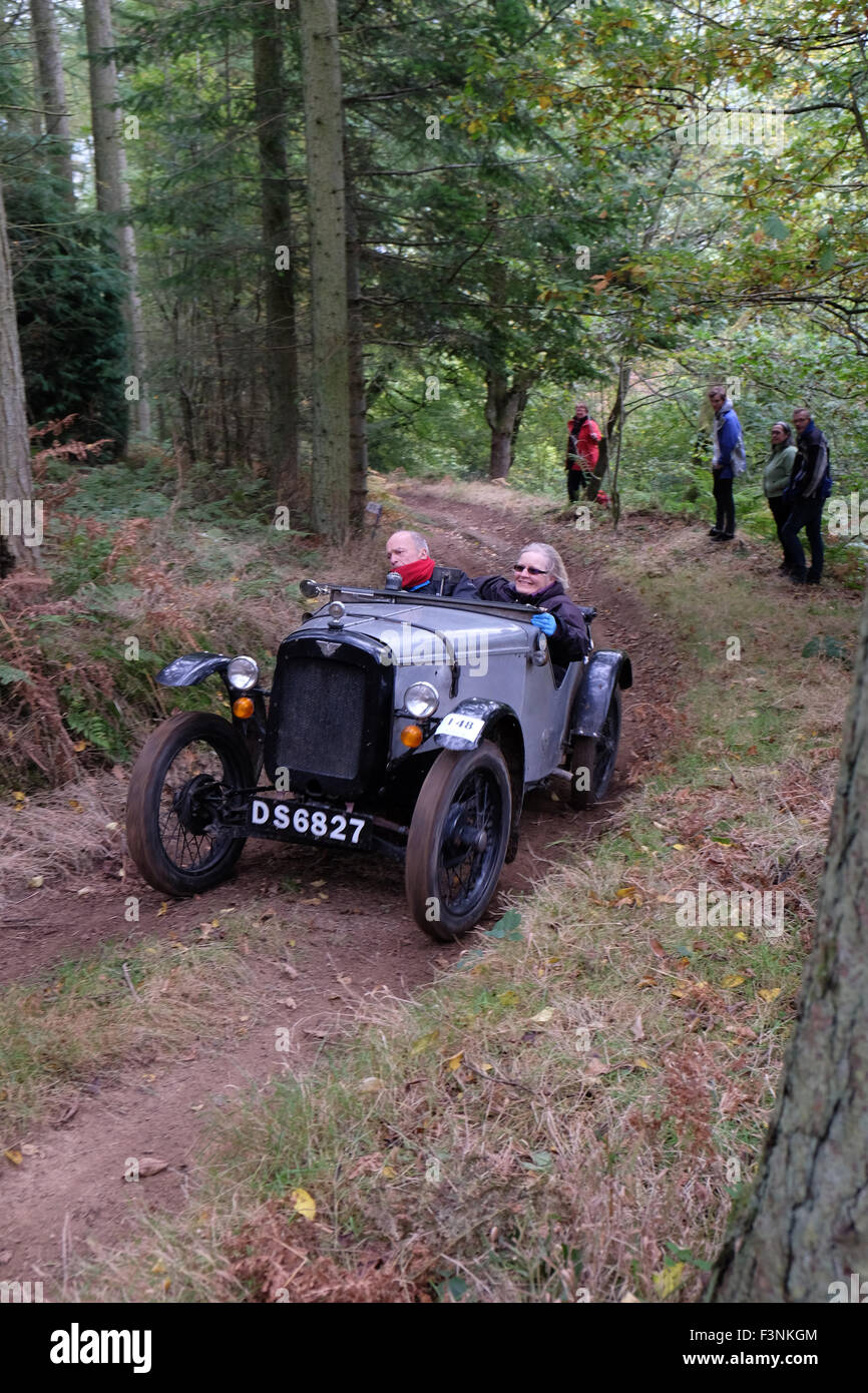 New Radnor, Powys, Wales - Saturday 10th October 2015 - The Vintage Sports Car Club ( VSCC ) hill climb trial challenge on The Smatcher a steep wooded hill just outside New Radnor. Competitors score points the further they drive up the steep hill with 25 points being awarded for reaching the top. The passenger act as 'bouncer' who bounces to help the car grip on the steep sections. Shown here is a 1930 Austin 7 Ulster Sports Replica. Stock Photo