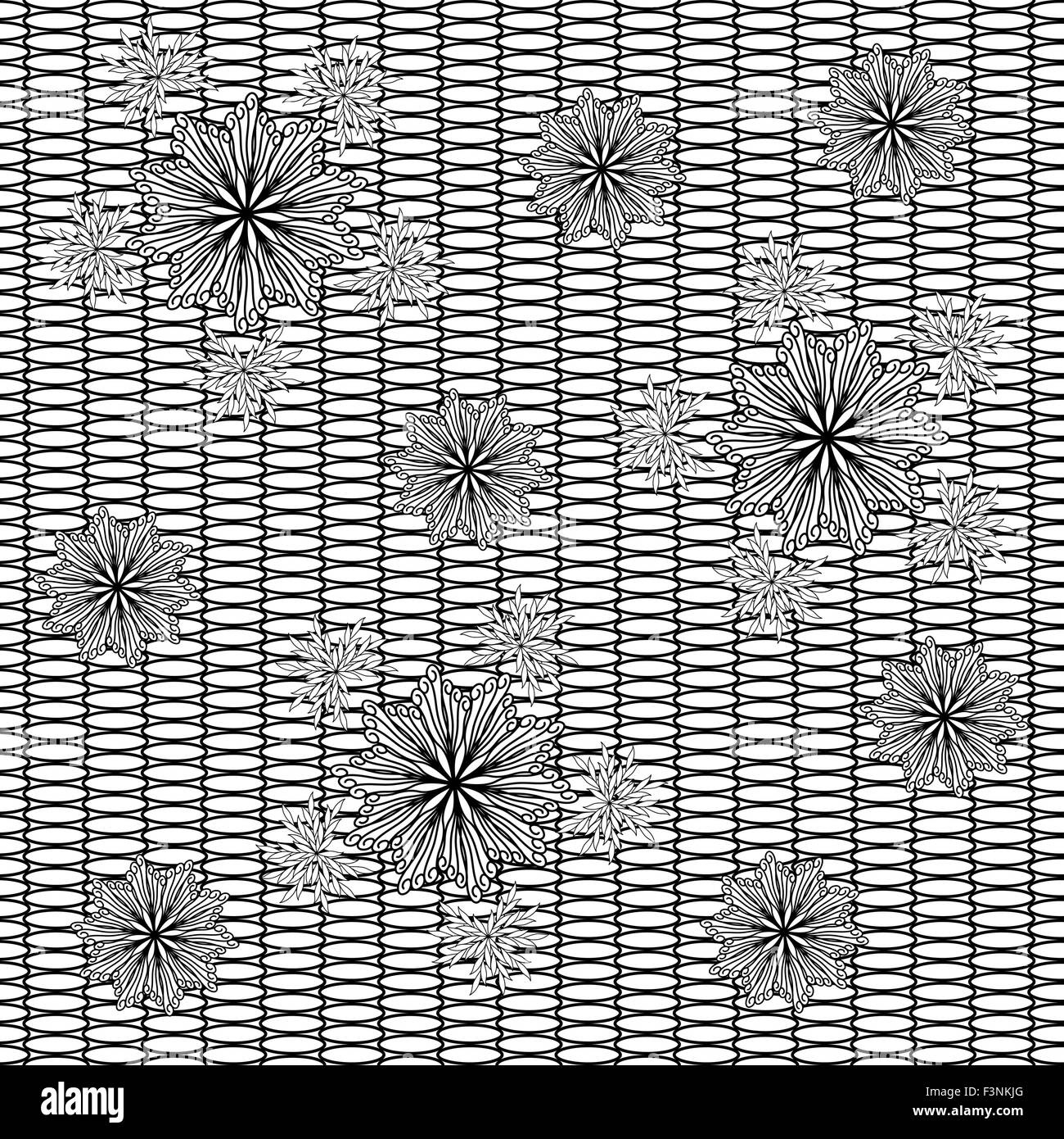 Abstract decorative flowers on ovals background grid. Black and white ...