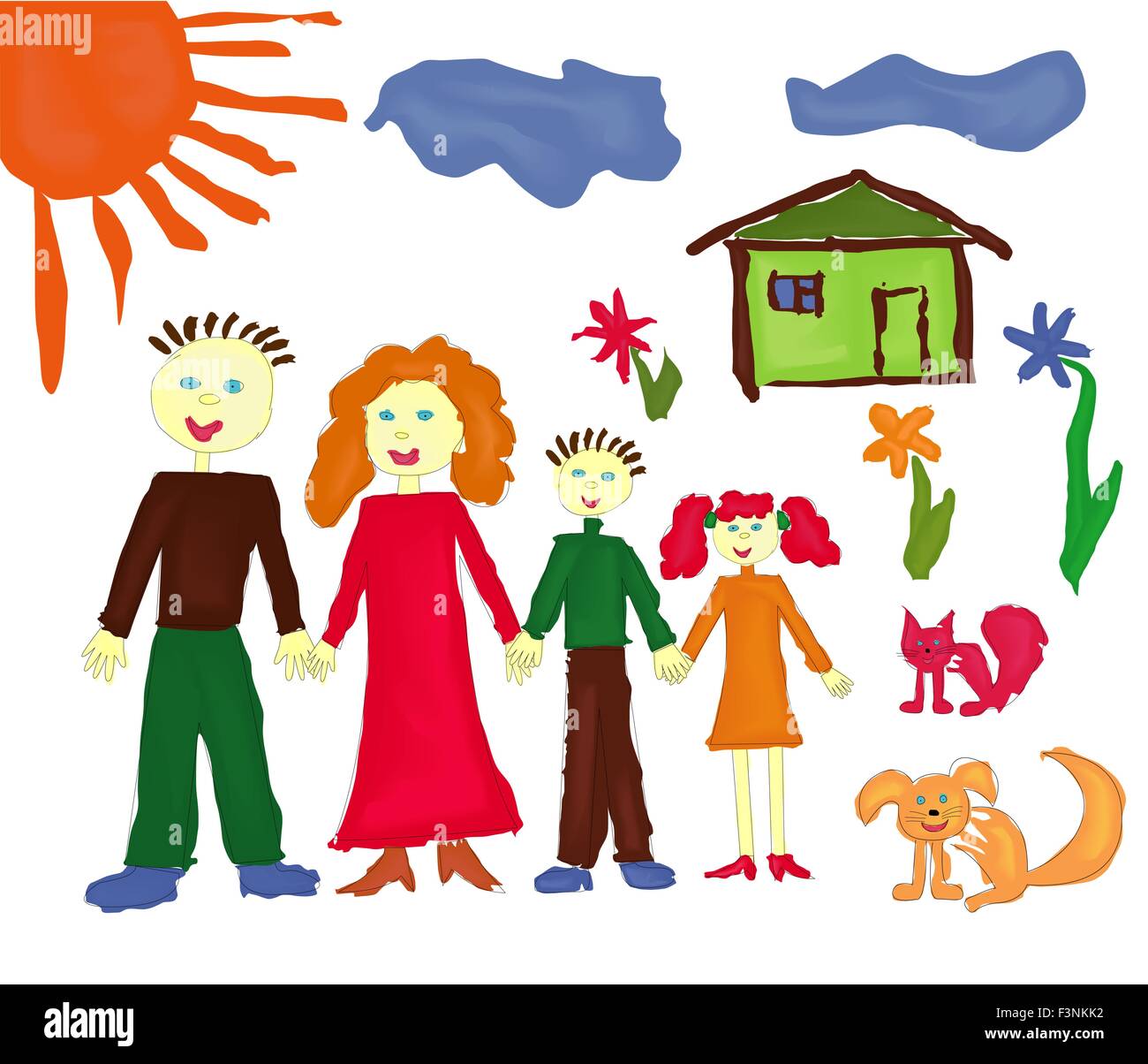 Family and pets near their house. Hand drawing vector illustration of as a children paint picture Stock Vector