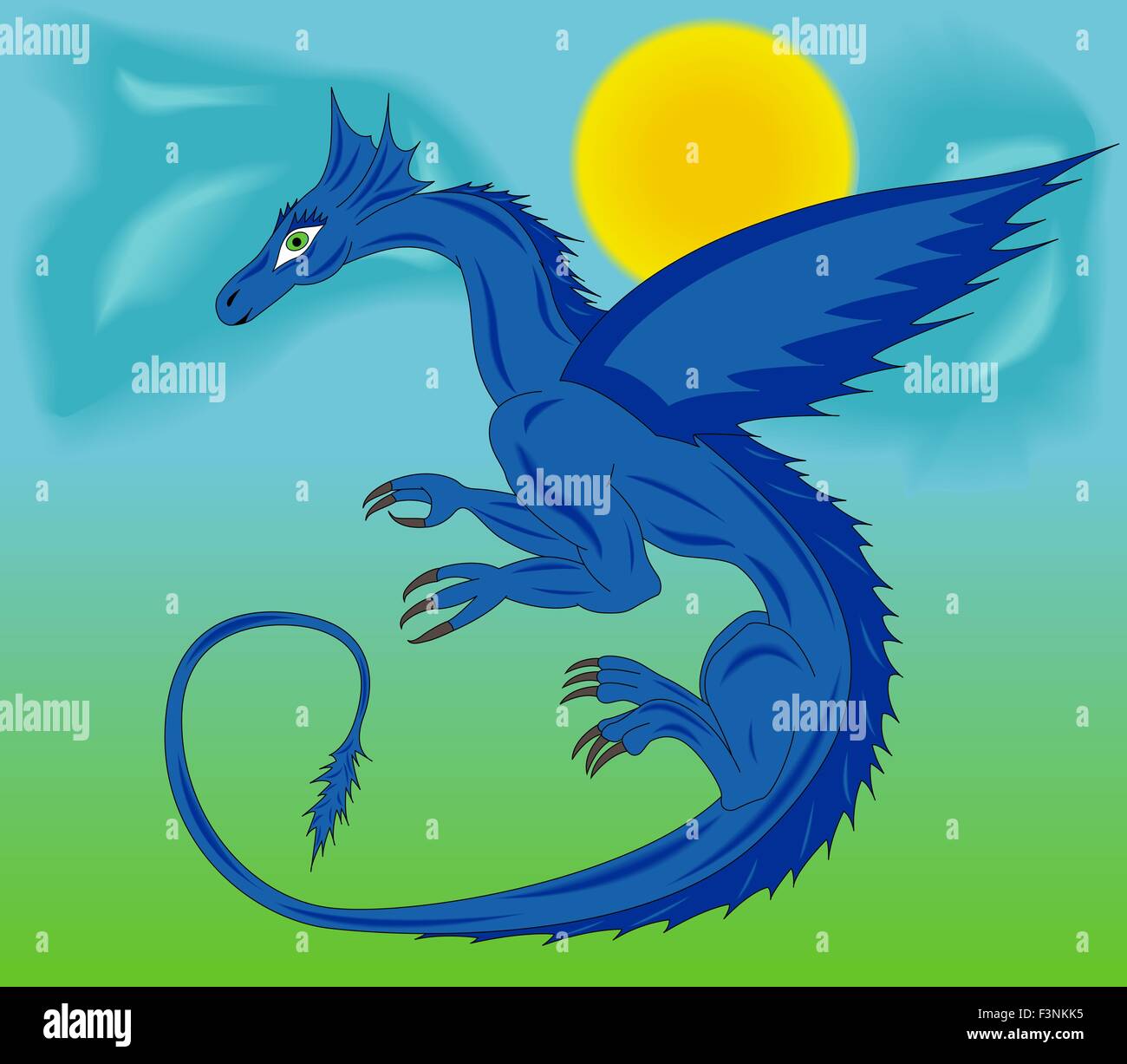 Blue dragon during the flight against the background of sky, sun and clouds. Hand drawing cartoon vector illustration Stock Vector