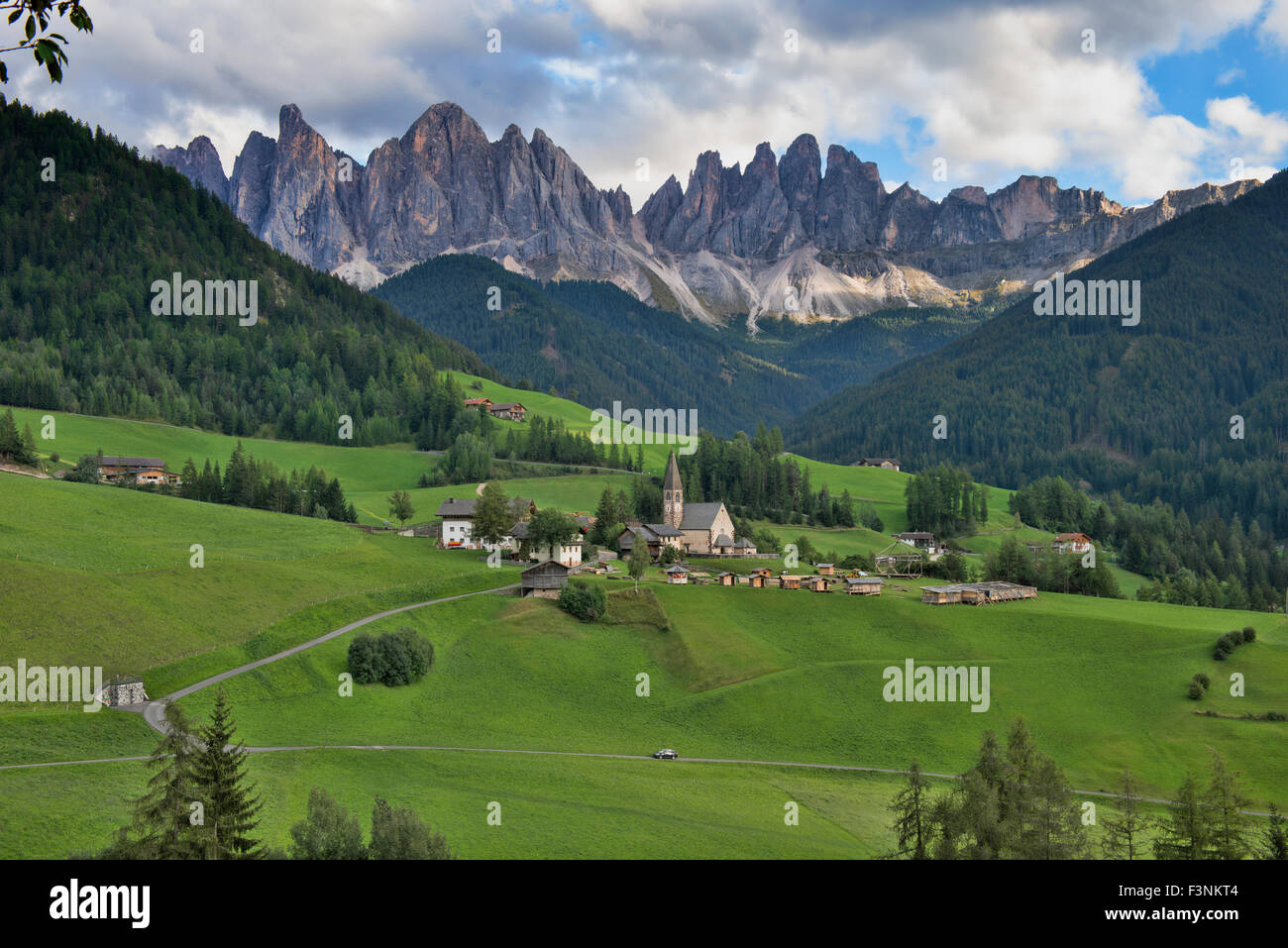 The beautiful Santa Maddalena and Val di Funes under the magnificent Odle Range in the Puez Odle Nature Park, Dolomites, Italy Stock Photo