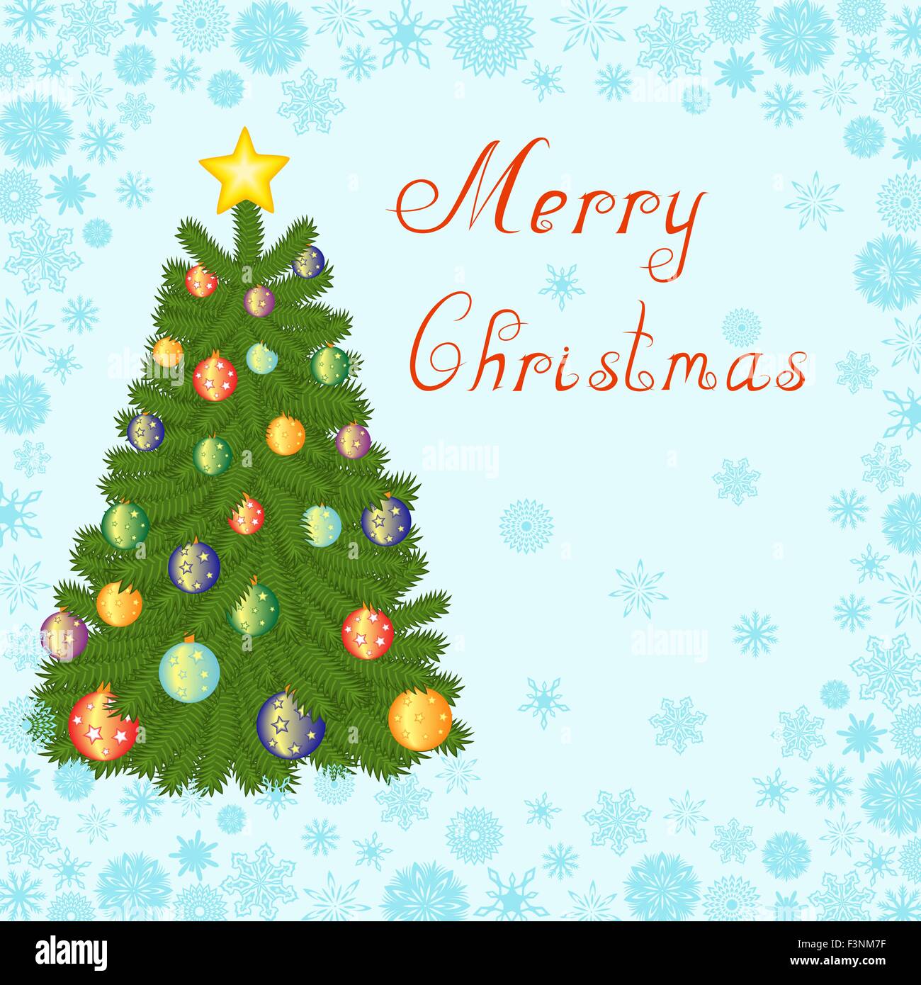 Greeting Card With Decorated Christmas Tree On Snowflakes The
