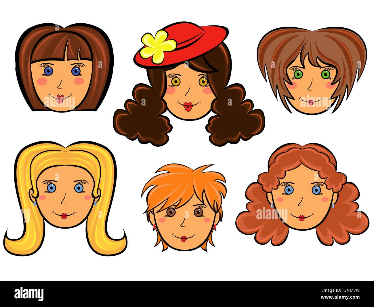 Set with six funny women faces on white background, hand drawing cartoon vector illustration Stock Vector