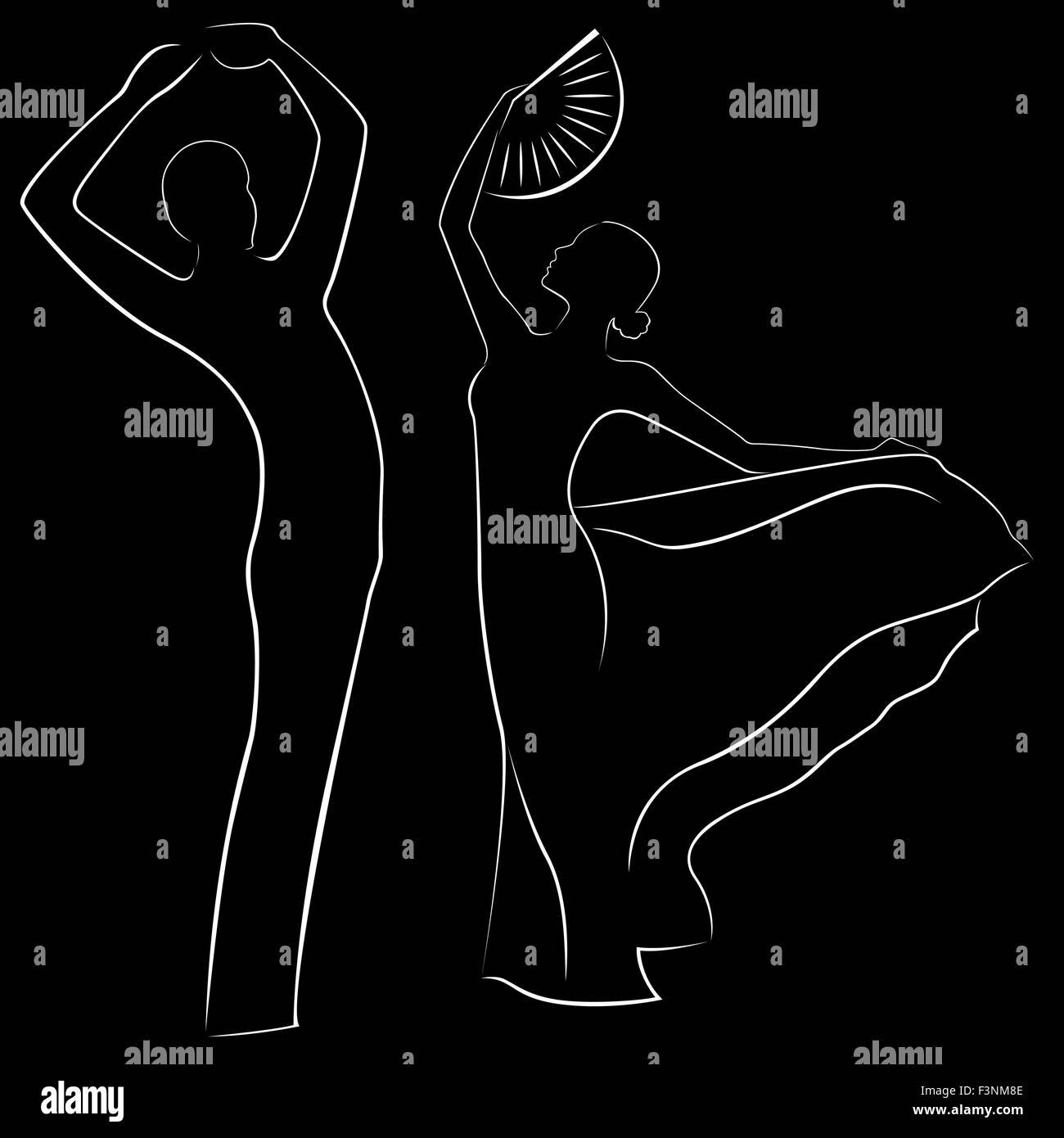 Man and woman dancing. hand drawing black and white vector illustration with black background Stock Vector