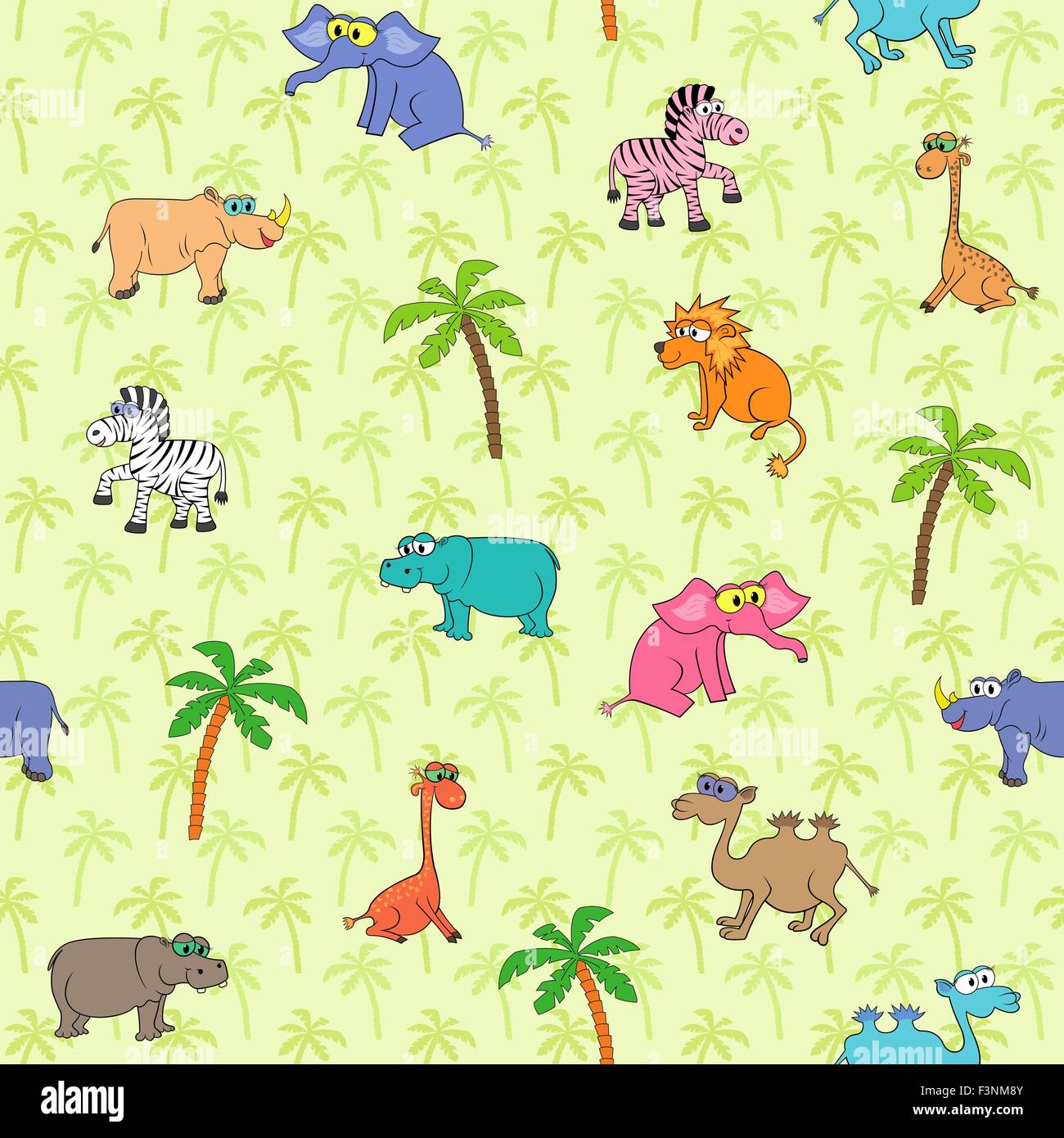 Seamless different south animals and plants pattern with cartoon elephant, camel, zebra, rhinoceros, hippopotamus, lion, giraffe Stock Vector
