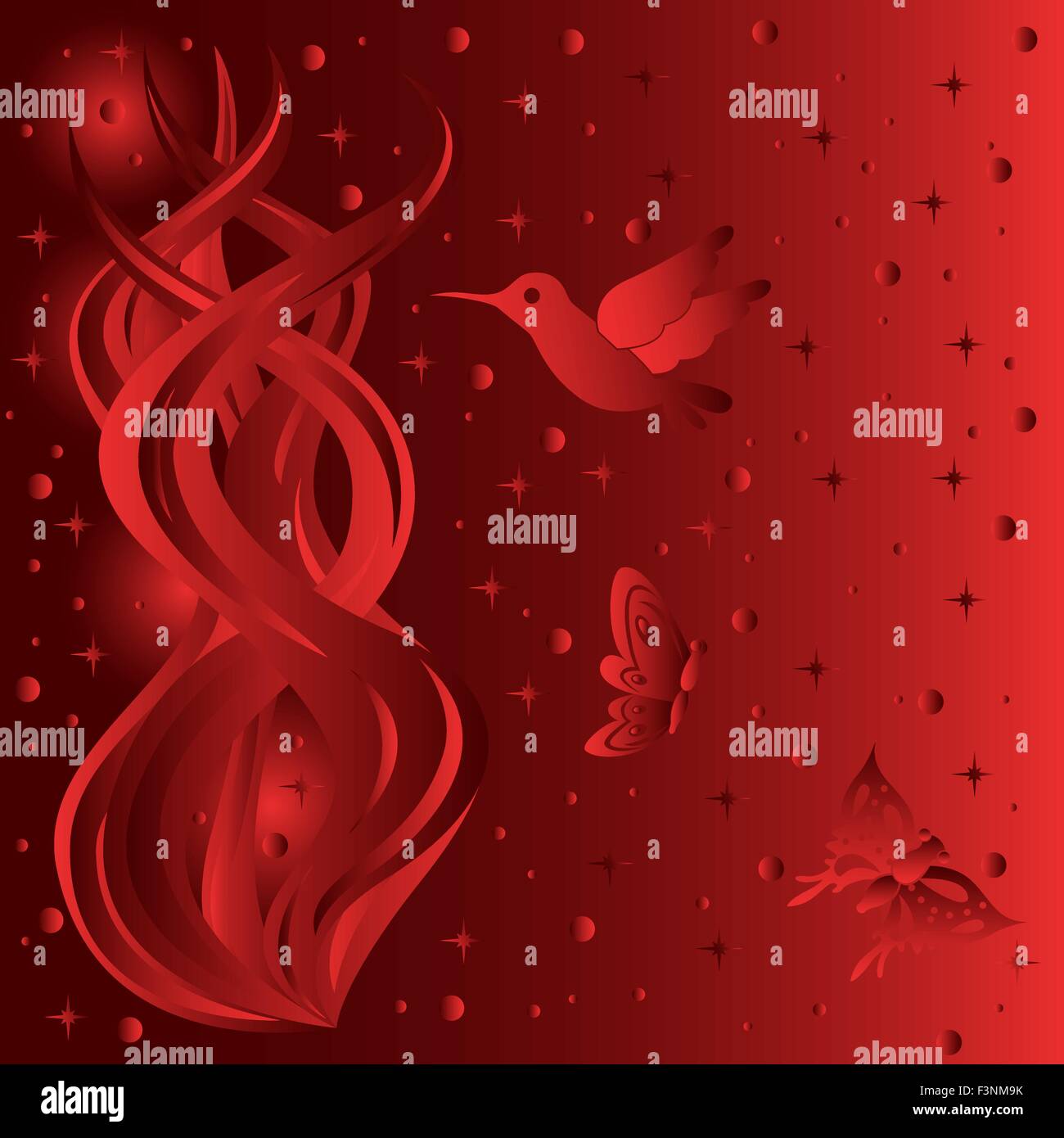 Phantasmagoric floral and animal composition with starry sky background, hand drawing vector illustration in red tints Stock Vector