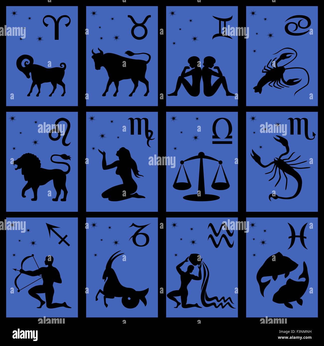 Set of twelve black silhouettes of Zodiac signs vector illustration: Aries,  Taurus, Gemini, Cancer, Leo, Virgo, Libra, Scorpio Stock Vector Image & Art  - Alamy