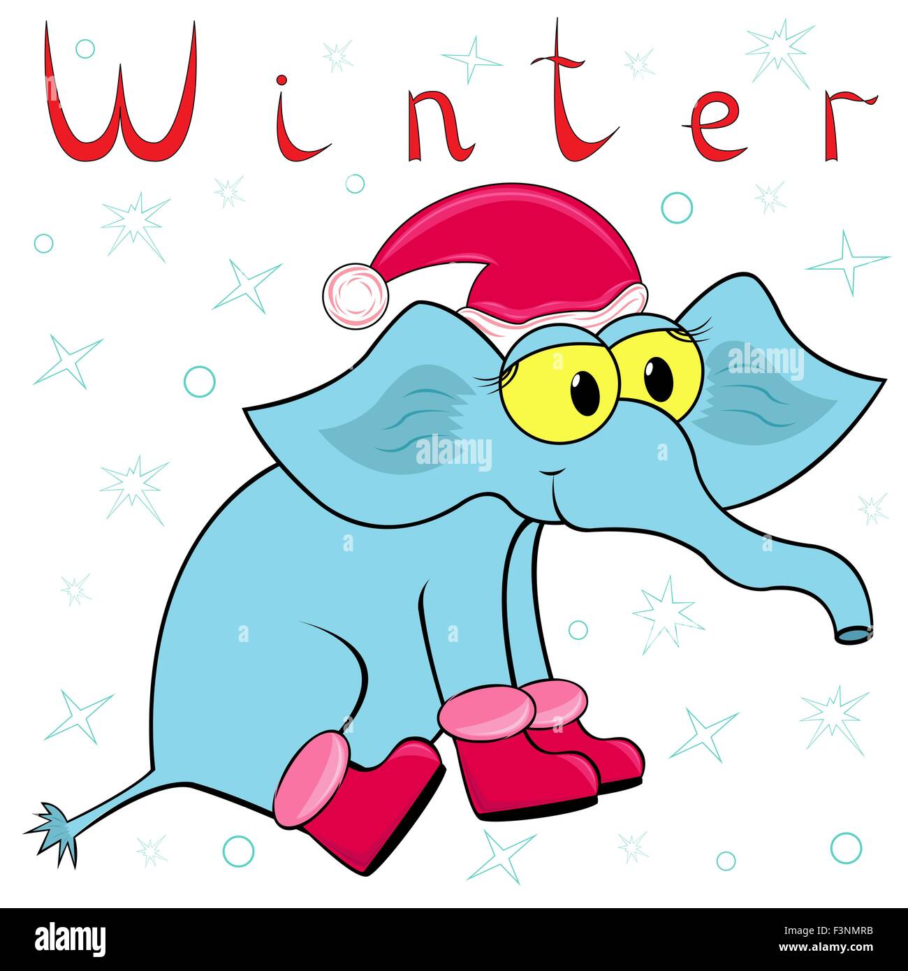 Why Elephant is so cold in winter? Cheerful Elephant in the cap of Santa and in the winter boots on the background of a winter m Stock Vector