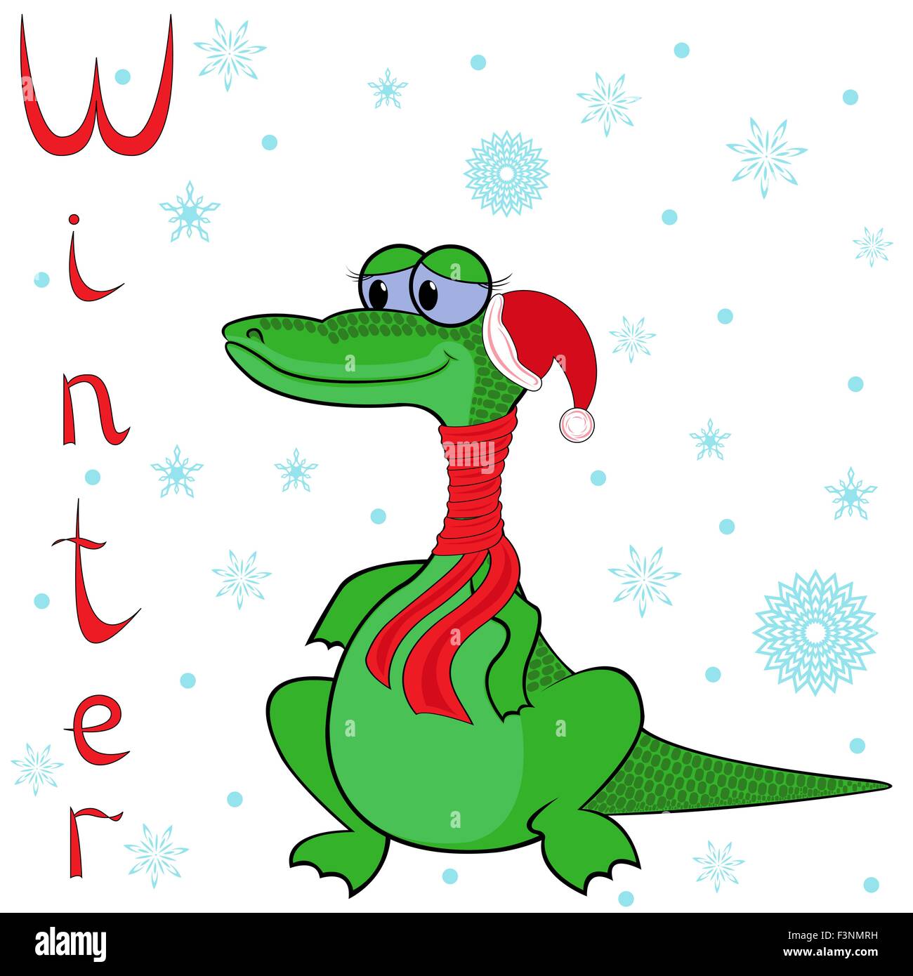 Why Crocodile is so cold in winter? Cheerful Crocodile wrapped in a scarf on neck and in the cap of Santa on the background of a Stock Vector