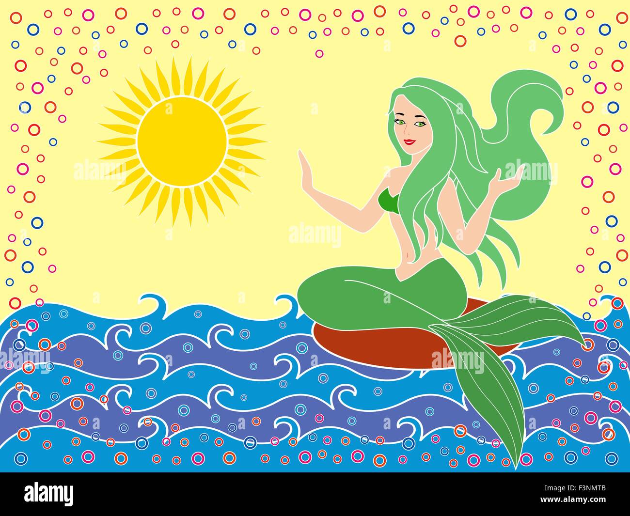 Mermaid as a mythical girl on the sea waves in the warm season, hand drawing vector illustration Stock Vector