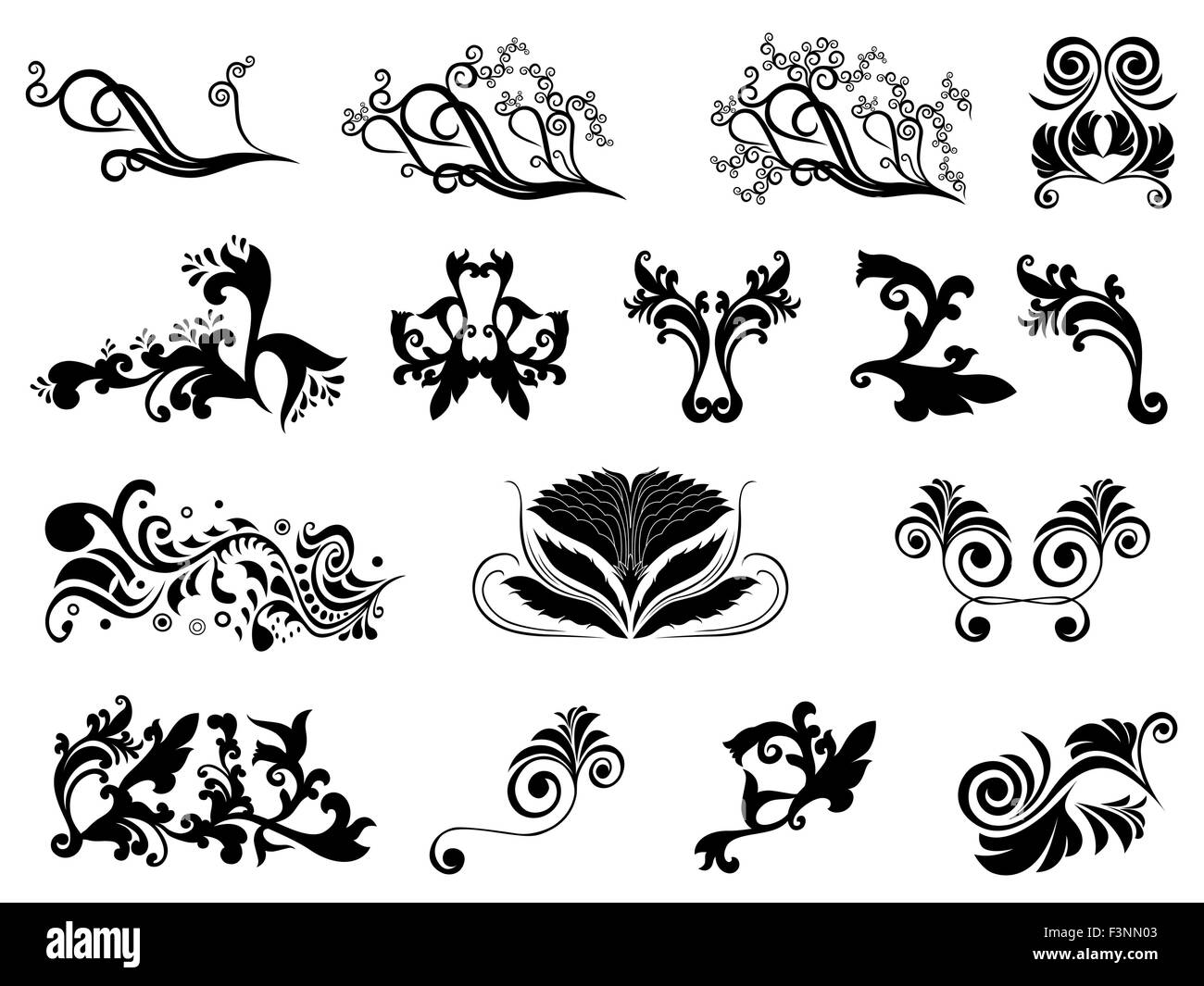 Set of black silhouettes of floral design elements isolated over white, hand drawing vector illustration Stock Vector
