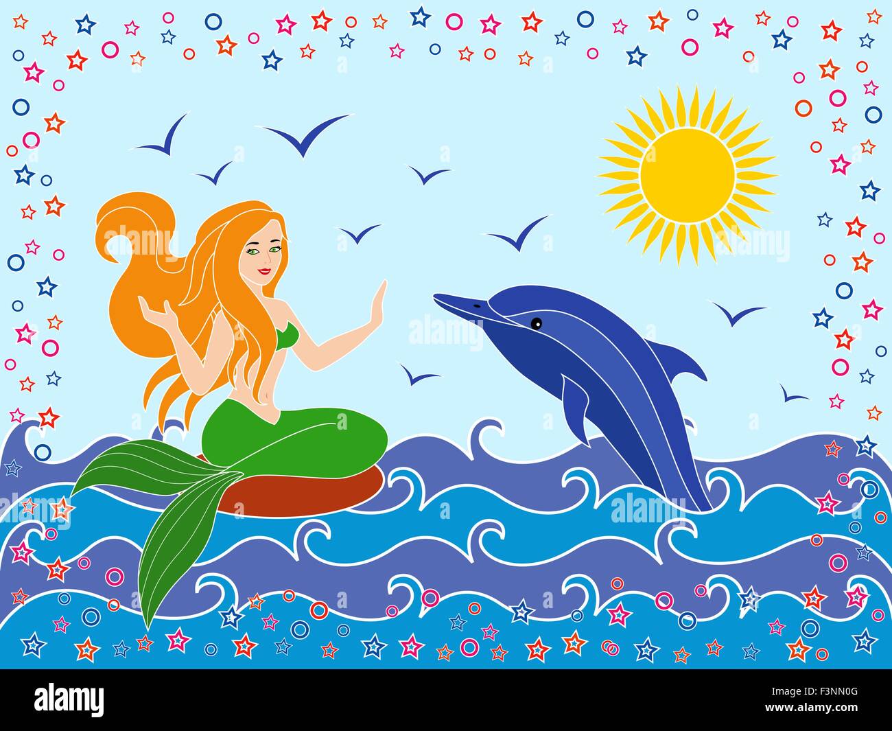 Dolphin and Mermaid as a mythical girl on the sea waves in the warm season, hand drawing vector illustration Stock Vector