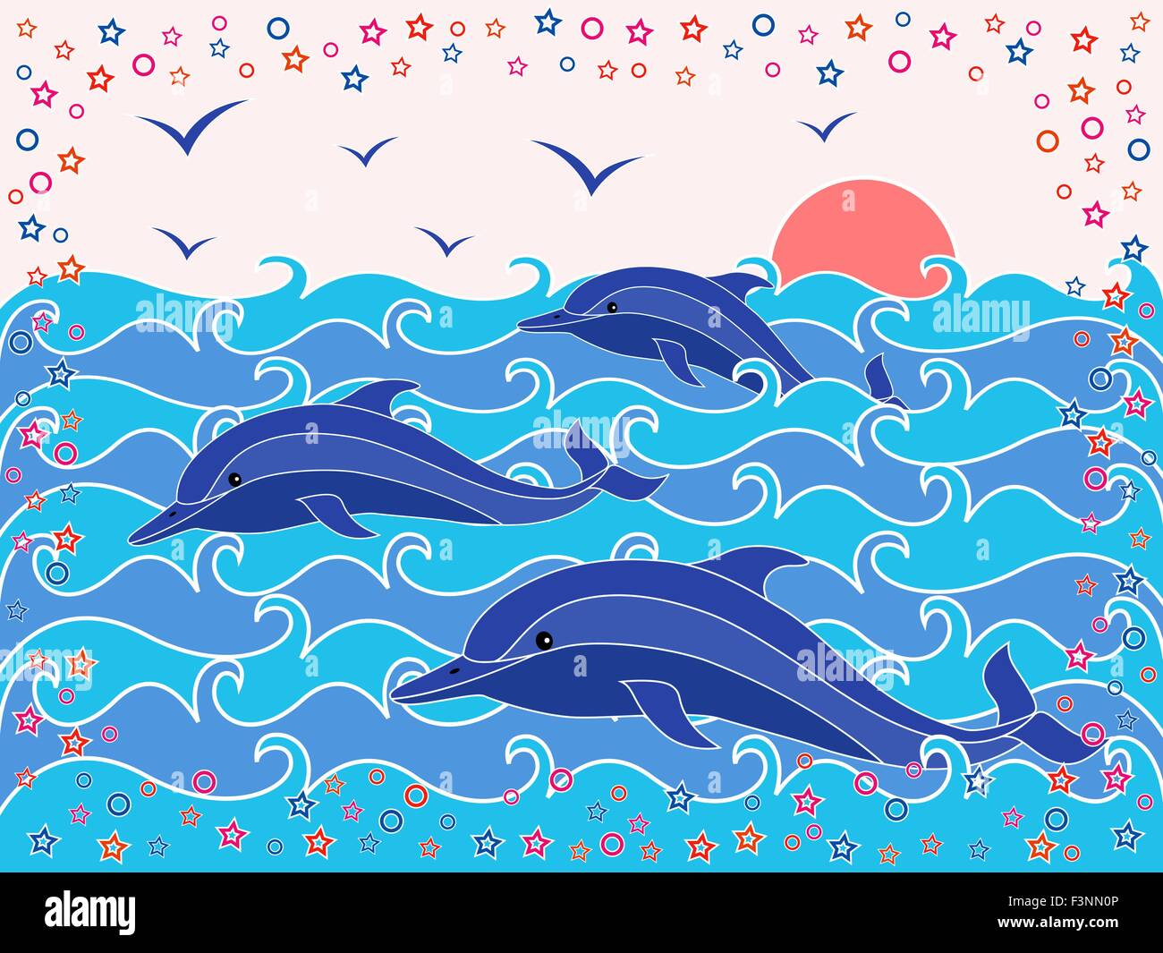 Three Dolphins in the sea waves at sunrise, hand drawing vector illustration Stock Vector