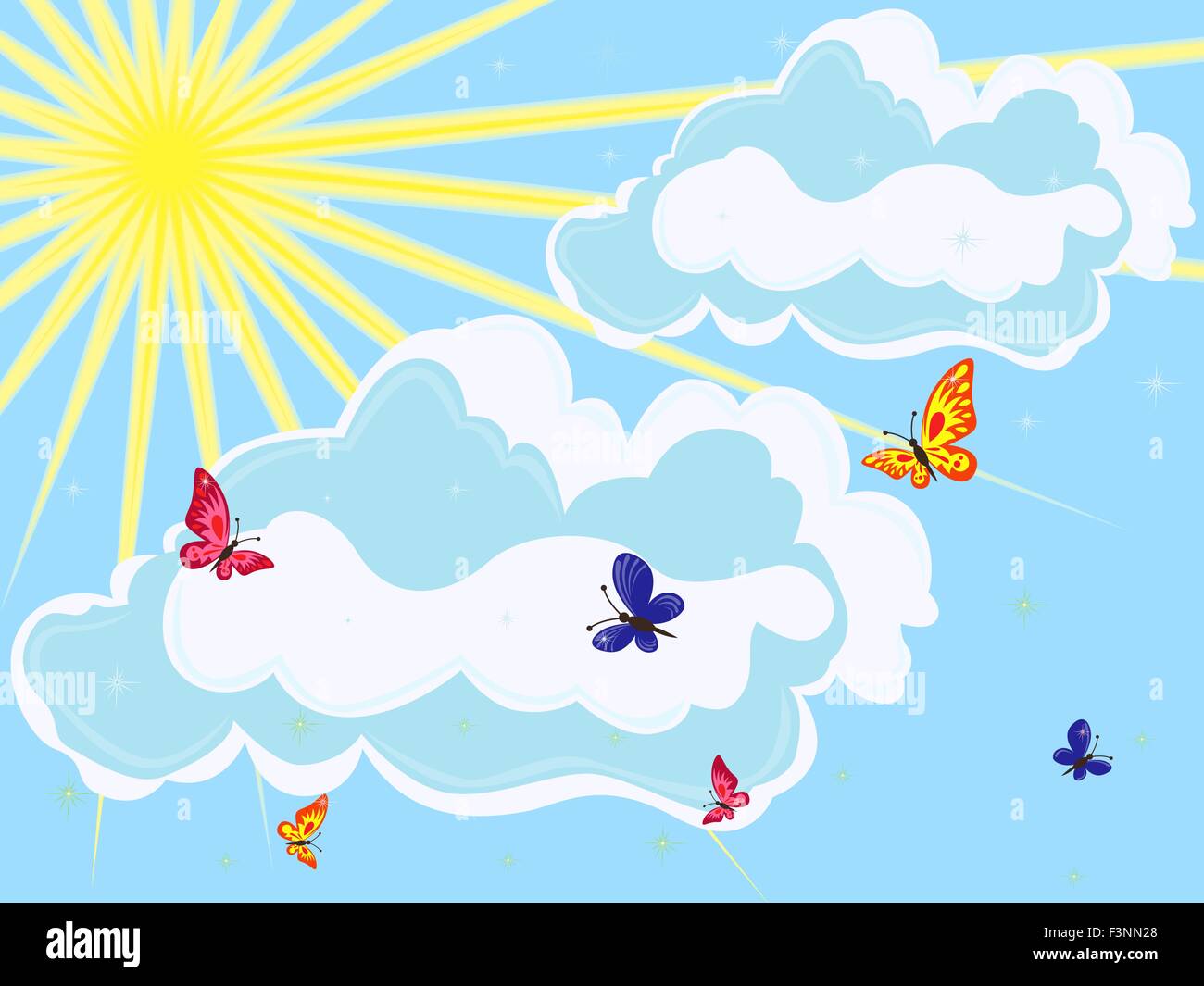 Sky with sun, clouds and butterflies on foreground. Hand drawing vector illustration Stock Vector