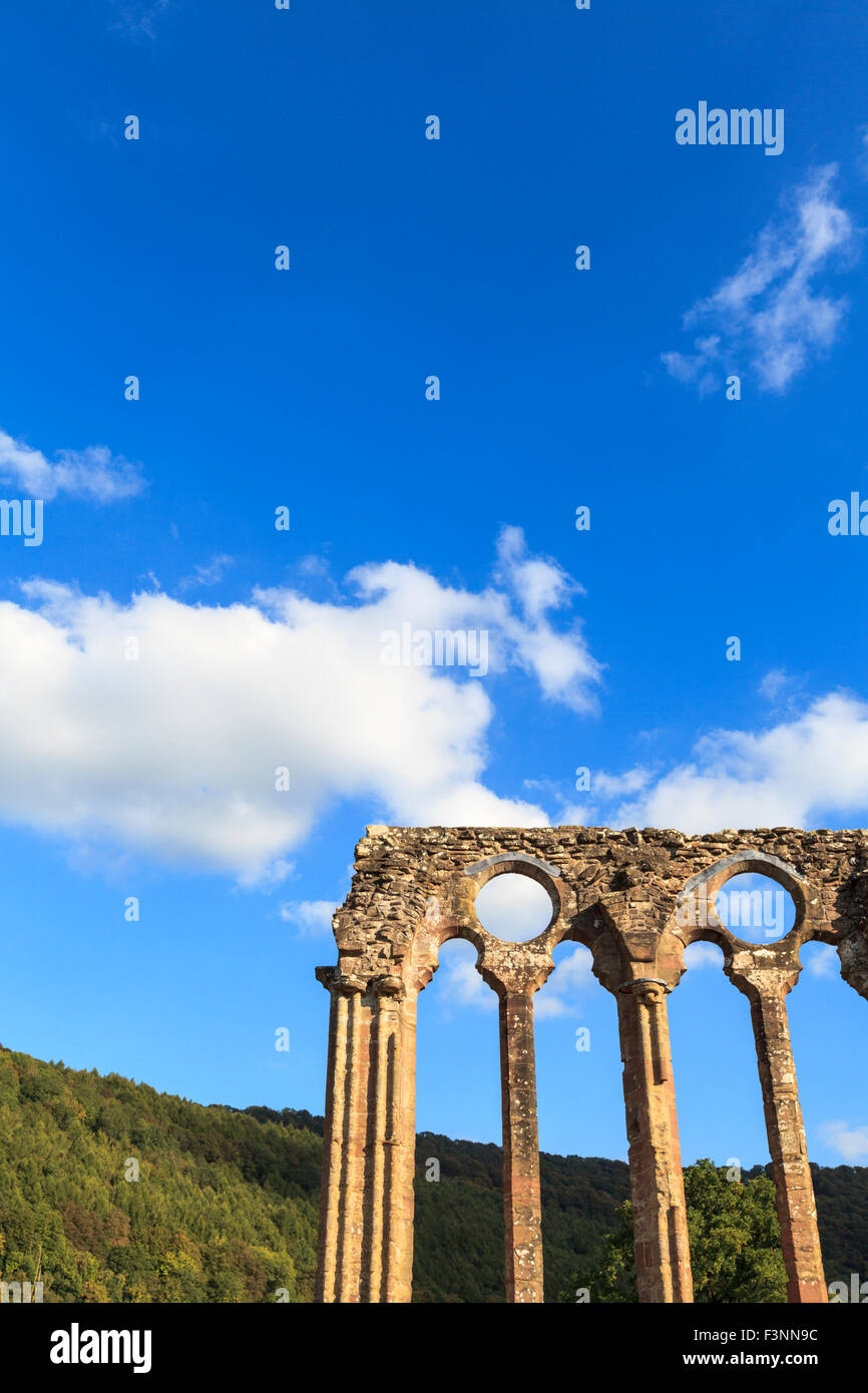 The ruined arched windows of Tintern Abbey, Monmouthshire, Wales Stock Photo