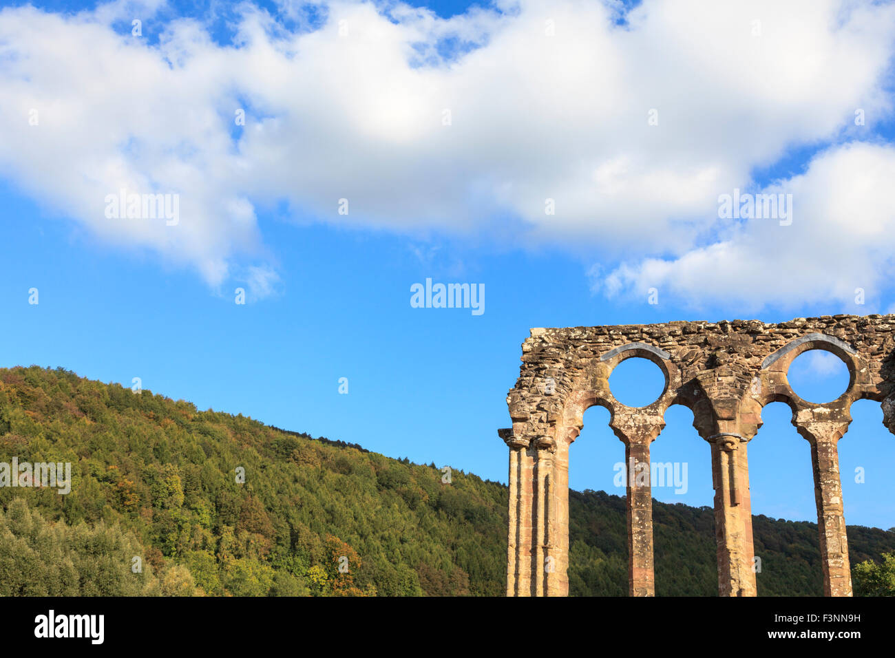 The ruined arched windows of Tintern Abbey, Monmouthshire, Wales Stock Photo